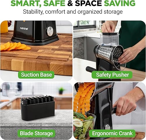 Miniatura 7 de NutriChef Rallador y triturador de queso 5 en 1  5 cuchillas diferentes para tiras finas, gruesas, de juliana, onduladas y rectas  Incluye manivela,
