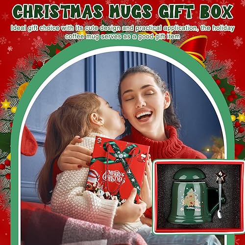 Miniatura 5 de Tazas navideñas para árbol de Navidad con cuchara y tapa, tazas de Navidad de cerámica, tazas de café de Navidad festivas, vasos de invierno para