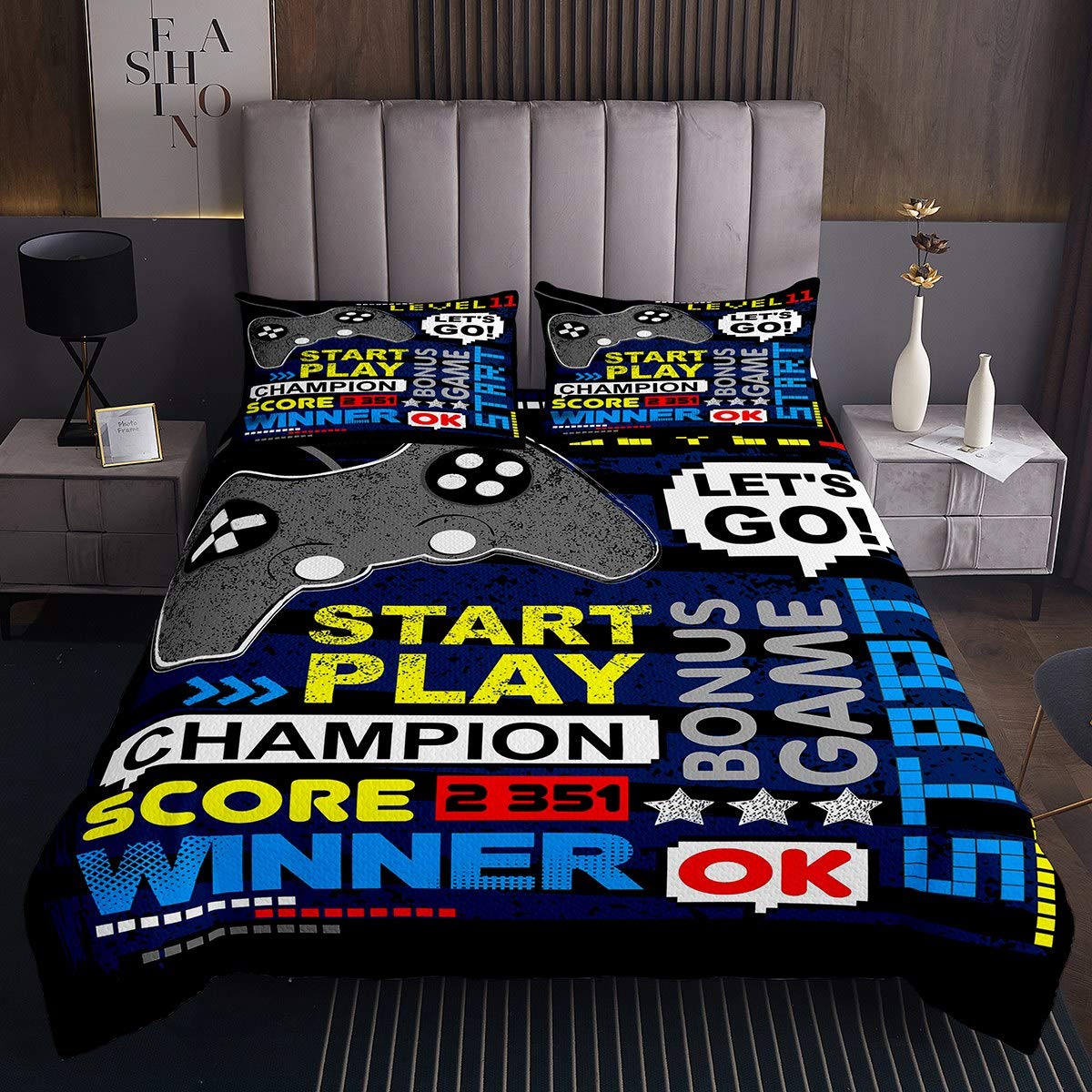 Gamer Copriletto Gioco Torneo Coverlet per Bambini Ragazzi Videogiochi Gamepad Set Trapunta Novità Controller Copertura Letto Collezione Camera Da Letto 3 Pz260x240cm