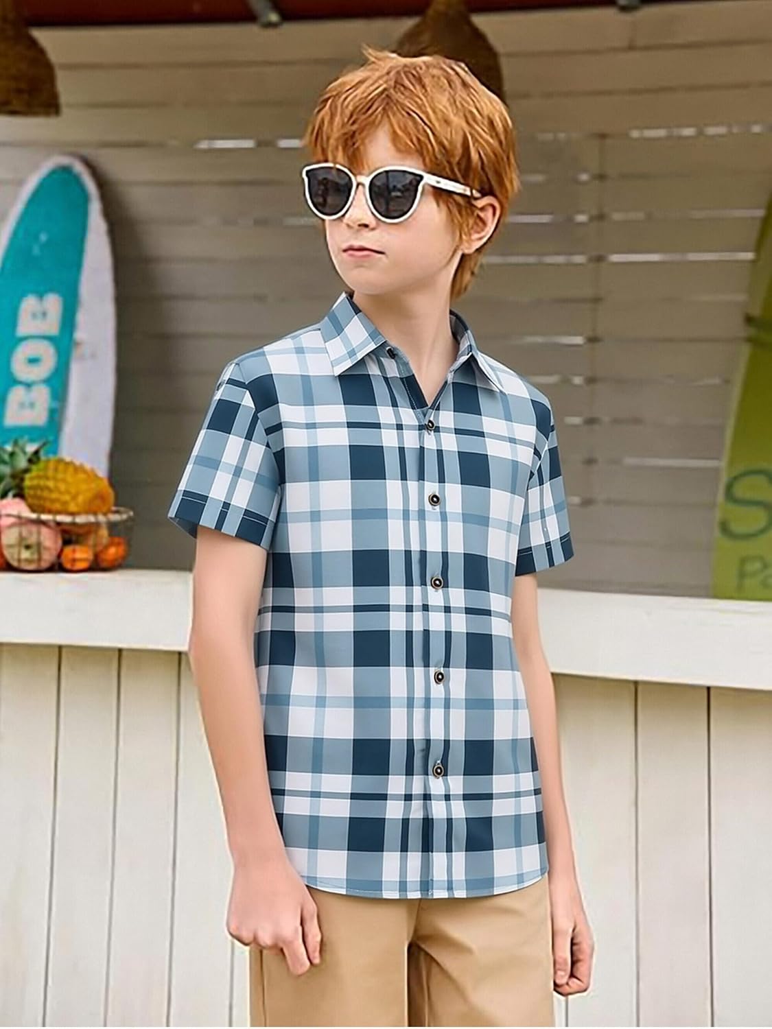 Alex Vando Boys Button Down Shirt Short Sleeve Plaid Stretch Dress Shirt