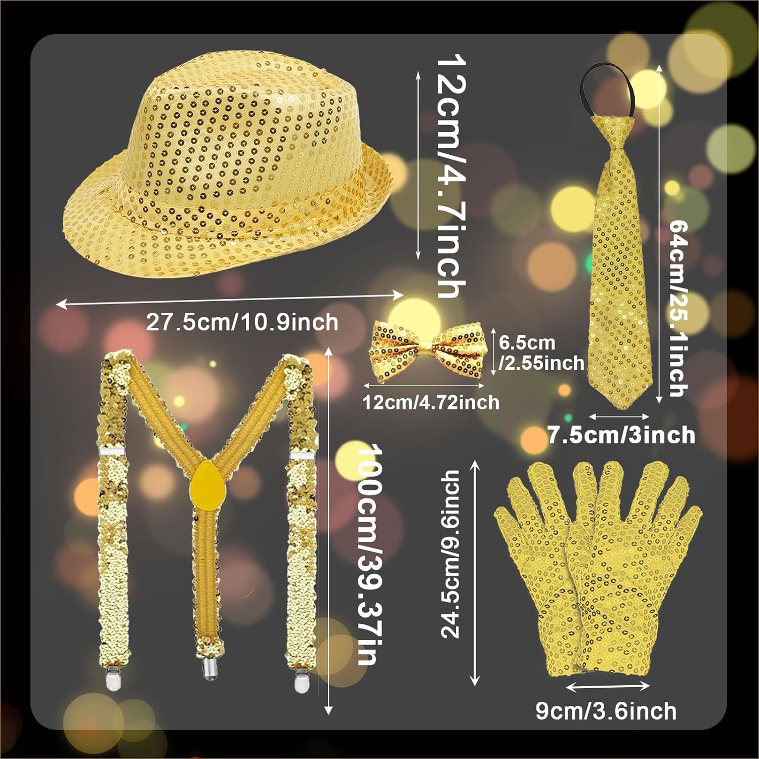 3 Pezzi Costume Discoteca Oro - Cappello, Papillon E Bretelle Con Paillettes, Per Feste E Halloween