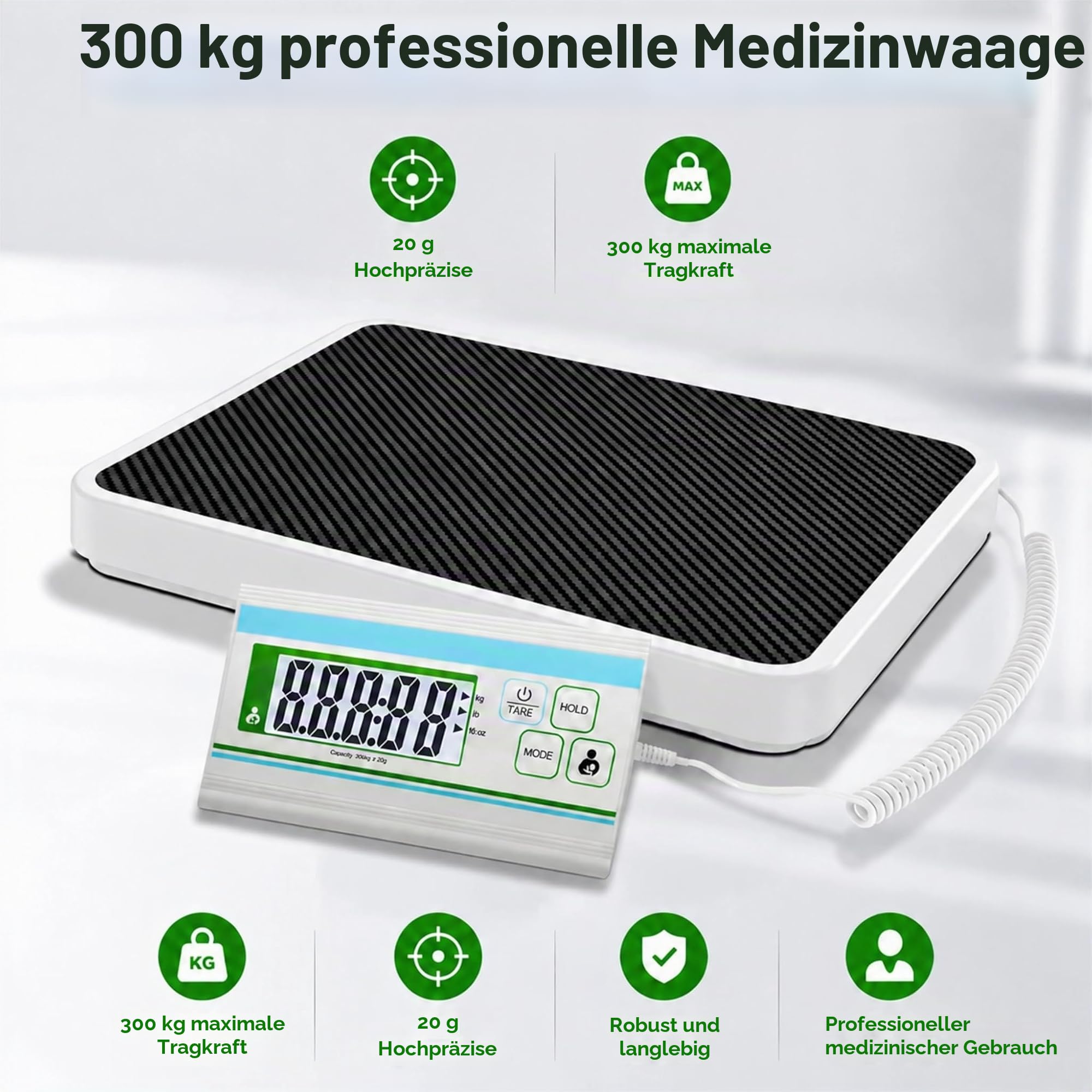 Medizinische Personenwaage 300 kg – Digitale Waage mit leicht ablesbarem Display, 34x30 cm große Plattform, für Krankenhaus, Praxis, Fitnessstudio und Haushalt