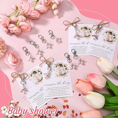 Miniatura 5 de 100 juegos de regalos de baby shower para invitados incluyen 100 llaveros de ángel, llaveros de ángel, llavero de perla, 100 tarjetas de