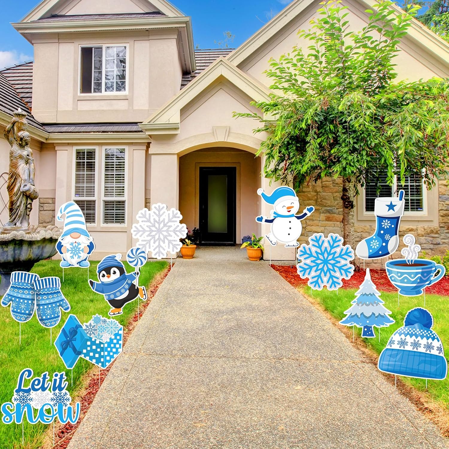 Vicenpal 12 Pcs Winter Yard Signs with Stakes Snowman Snowflake Garden Let It Snow Display Stake Signs for Party Winter Outdoor Home Lawn Garden Walkway Holiday Ornament
