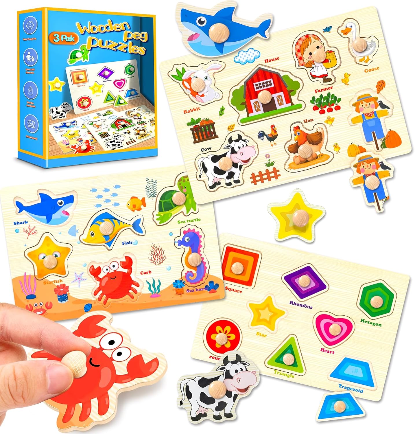 Wooden Peg Puzzles for Toddlers,Montessori Toddler Jigsaw for Child,Fine Motor Skill Learning Puzzle Toys for Baby Boys Girls Gifts-3 Pcs Shape,Farm,Sea Animal