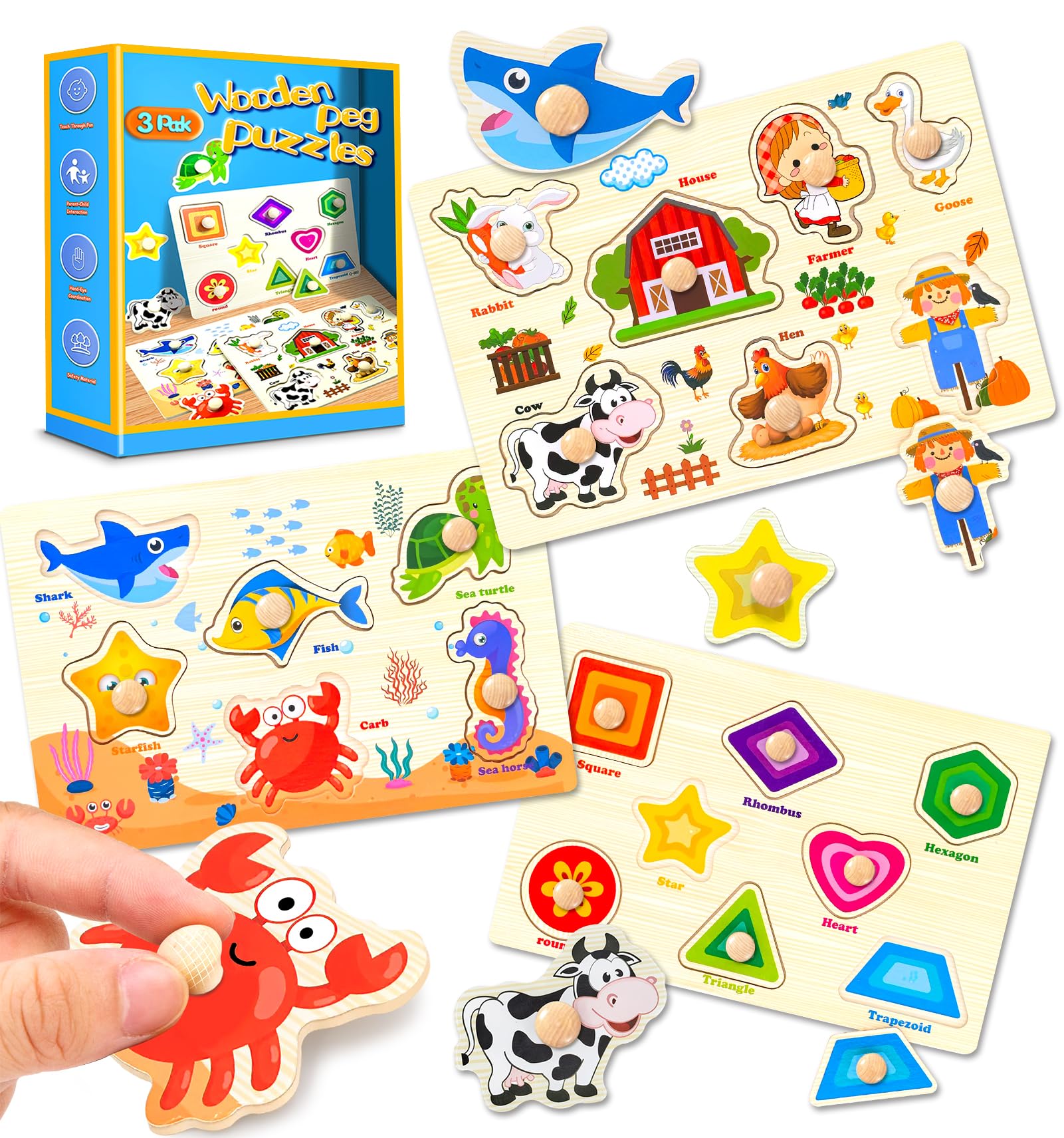 Wooden Peg Puzzles for Toddlers,Montessori Toddler Puzzles for Child,Fine Motor Skill Learning Puzzles Toys for Baby Boys Girls Gifts-3 Pcs Shape,Farm,Sea Animal