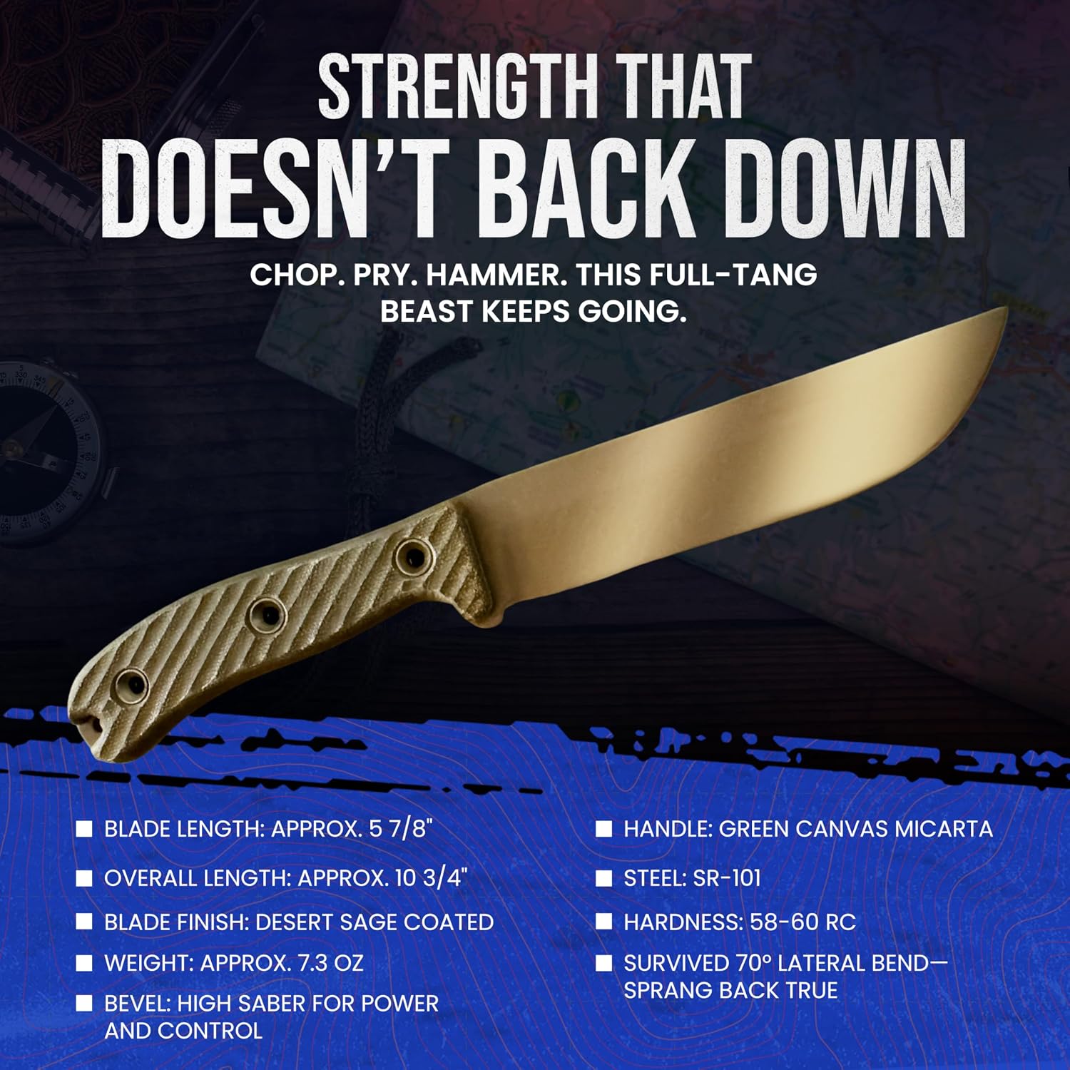 Desert Patrol Field Survival Knife by Jerry Busse – Full Tang Knife with SR-101 Blade & Canvas Micarta Handle – Cryo-Treated & Desert Sage Finish – Includes High-Impact Sheath with Tactical Paracord