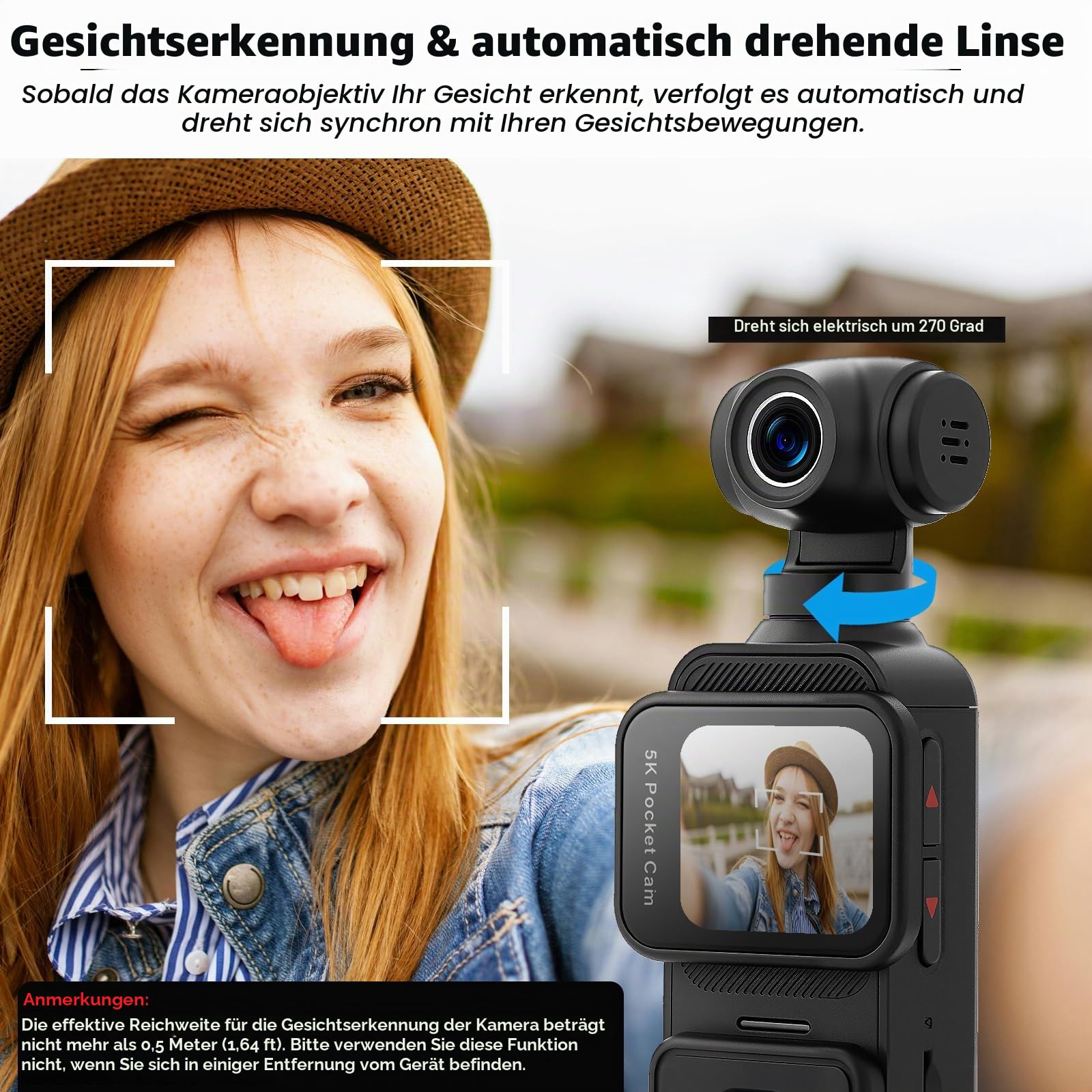 ydi 5K Bodycam Vlog Kamera mit Touchscreen, Körperkamera POV WLAN Pocket Action Cam mit Elektrisch 270° Drehbarem Objektiv, Gesichtsverfolgung, Fernbedienung, Externes Mikrofon, 64 GB Karte