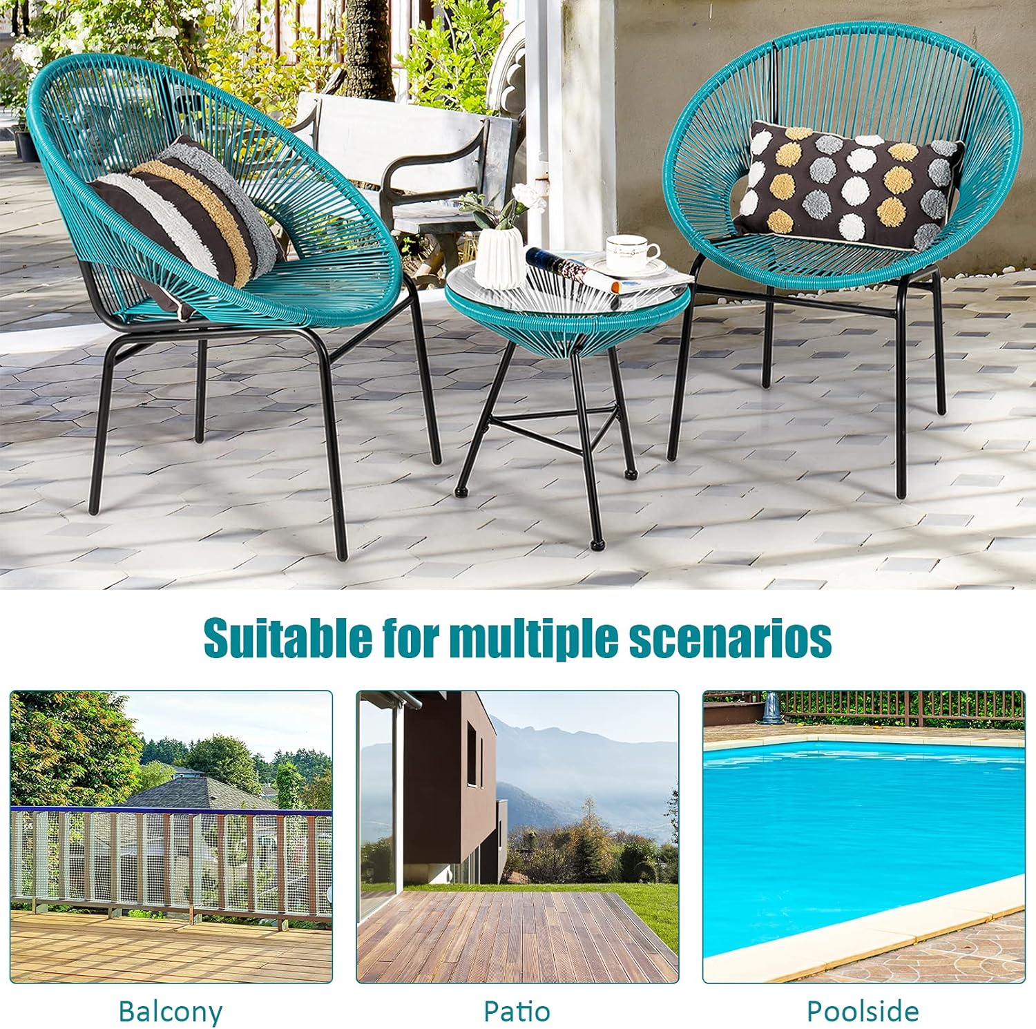 HAPPYGRILL 3-Pieces Patio Bistro Set, Outdoor Furniture Set Acapulco Chairs with Plastic Rope, Tempered Glass Table, All Weather Patio Furniture for Balcony, Porch, Garden, Backyard