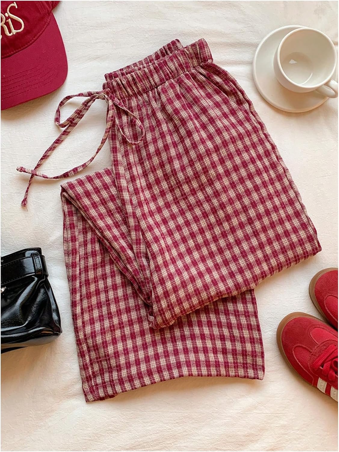 GORGLITTER Women's Gingham Pants Cute Plaid Elastic High Waist Wide Leg Pant with Pockets Y2k Going Outfits Streetwear