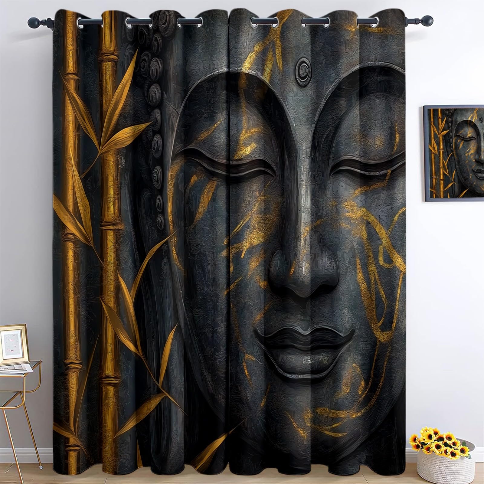 Vorhänge Surrealer Goldener Bambus, Gardinen Blickdicht Silber Verdunklungsvorhänge Thermovorhang, Polyester Gardinen Kinder Wohnzimmer Schlafzimmer Fenster, 2er Set, H 260 x B 140 cm