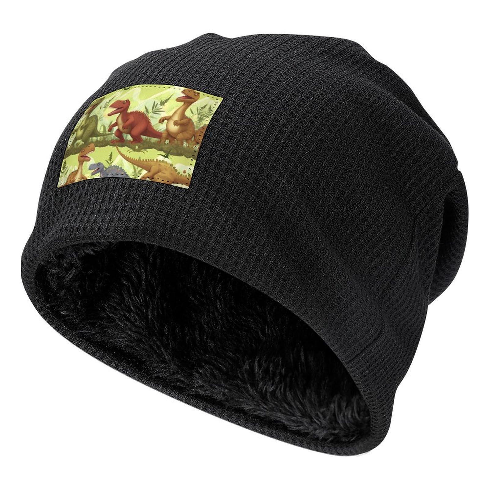 Rldobofe Unisex Black Dinosaurs Winter Beanie Warm Fleece Lined Hat Cuffed Knit Skull Cap Slouch Pullover Hat, One Size