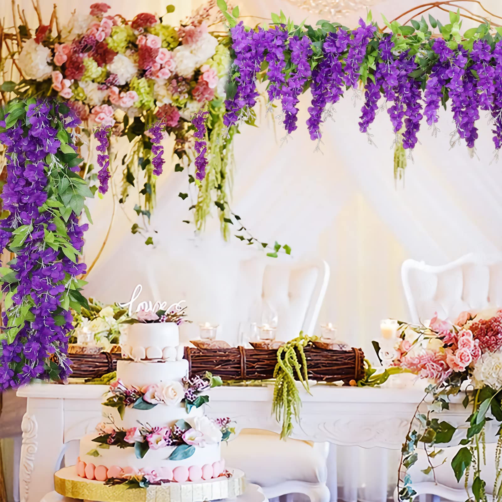 dallisten Wisteria Artificial Flowers Garland, 4Pcs 7.2Ft/Piece Silk Fake Wisteria Vine Kit, Hanging Flower for House Outdoor Garden Ceremony Outside Wedding Arch Floral Decor (4, Purple)