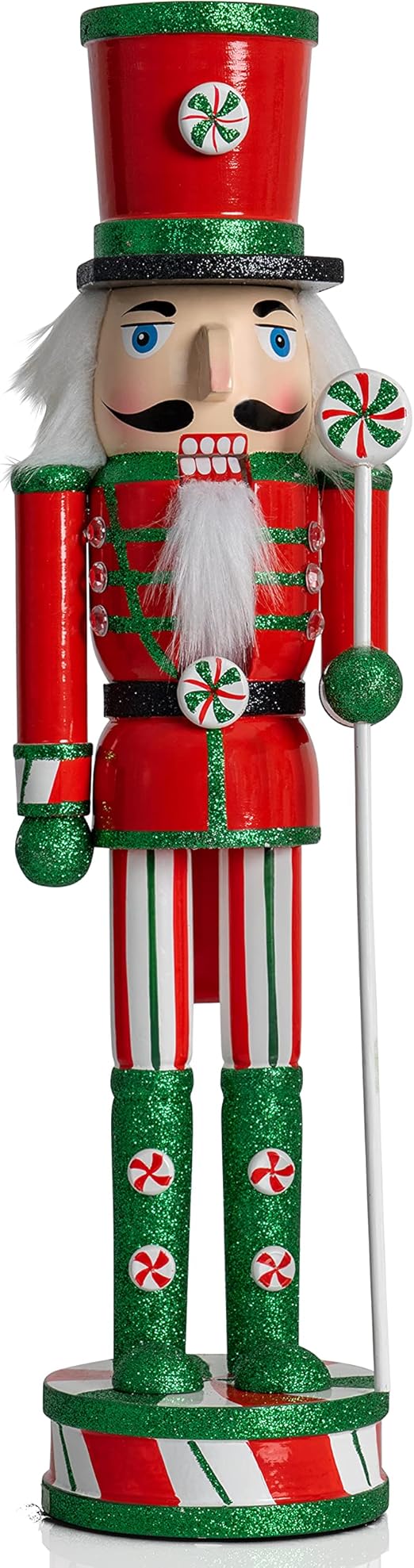 Ornativity Wooden Peppermint Christmas Nutcracker - Red, White and Green Glitter Candy Themed Xmas Holiday Nut Cracker Doll Figure Toy Soldier Decorations 15"