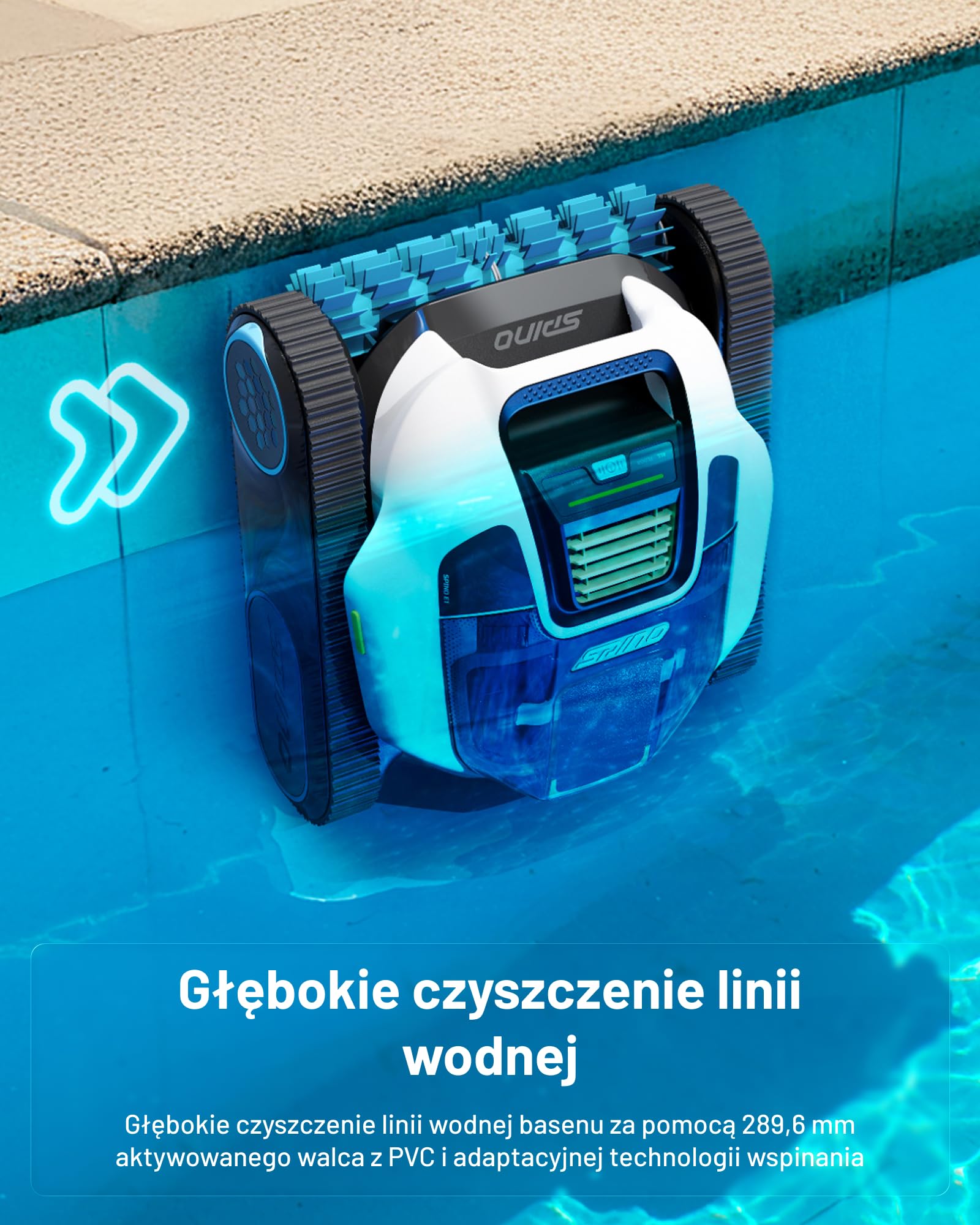 Bezprzewodowy robot basenowy SPINO E1, czas pracy 210 minut, wydajność 21950 l/h, 5 trybów pracy robota basenowego, czyszczenie ścian i linii wodnej, sterowanie aplikacją, ścieżka SmartArc