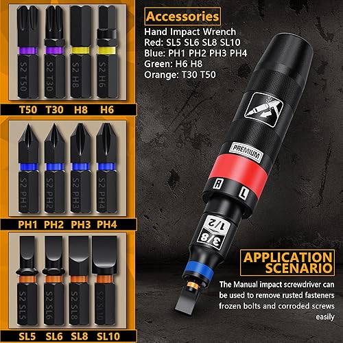 Miniatura 4 de Juego de destornilladores de impacto manual de 12 pulgada, kit de destornillador de impacto reversible manual, herramienta de reparación de brocas