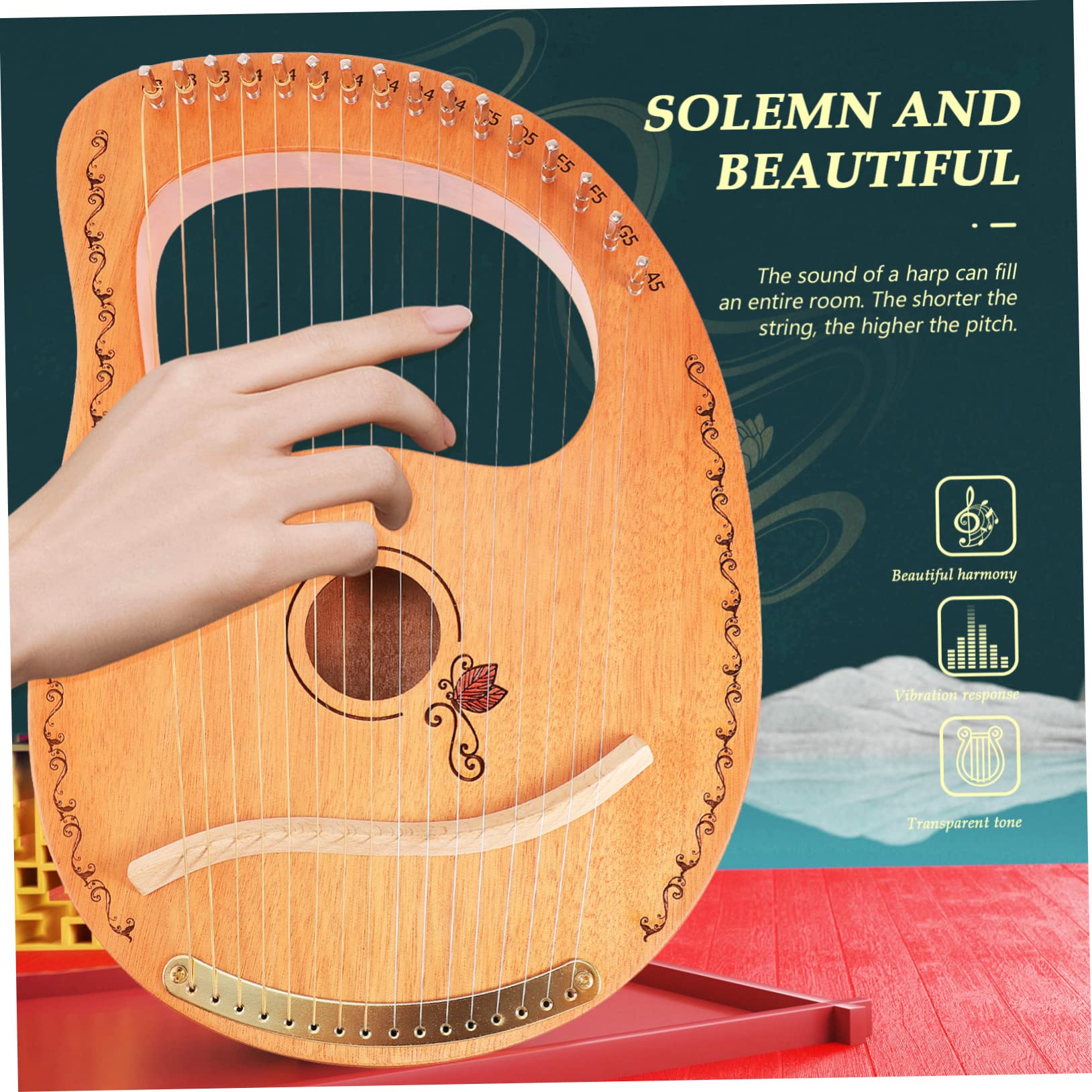 Yardwe Arpa De Lira De Madera Natural 16 Cuerdas Para Principiantes, Instrumento Musical Portátil Seguro Bordes Redondeados, Adecuado Para Niños y Amantes Música
