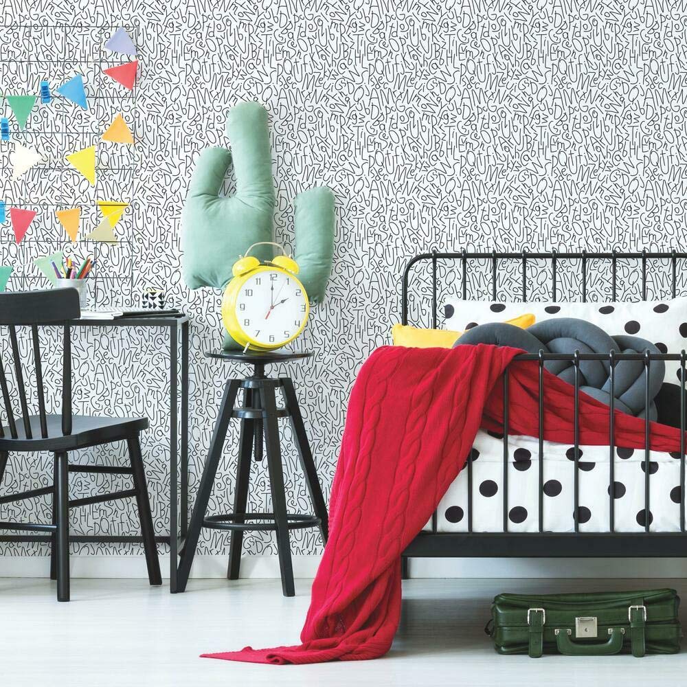 RoomMates Alphabet Jumble Peel and Stick Wallpaper, Black, Whie, 45.7 x 47.9 cm