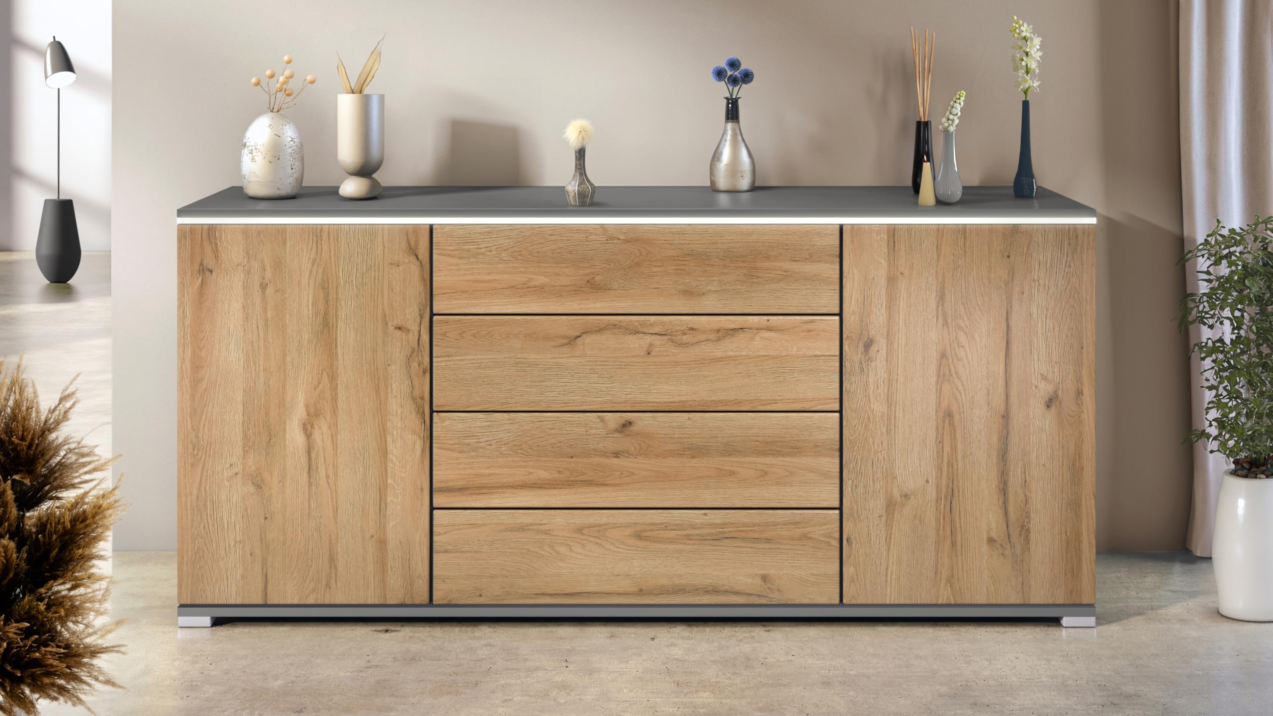Sideboard Faro V2 - Kommode mit 2 Türen & 4 Schubladen, Schrank mit LED Lichtleiste, Anthrazit matt/Eiche Natur (166,5 x 75,5 x 35)