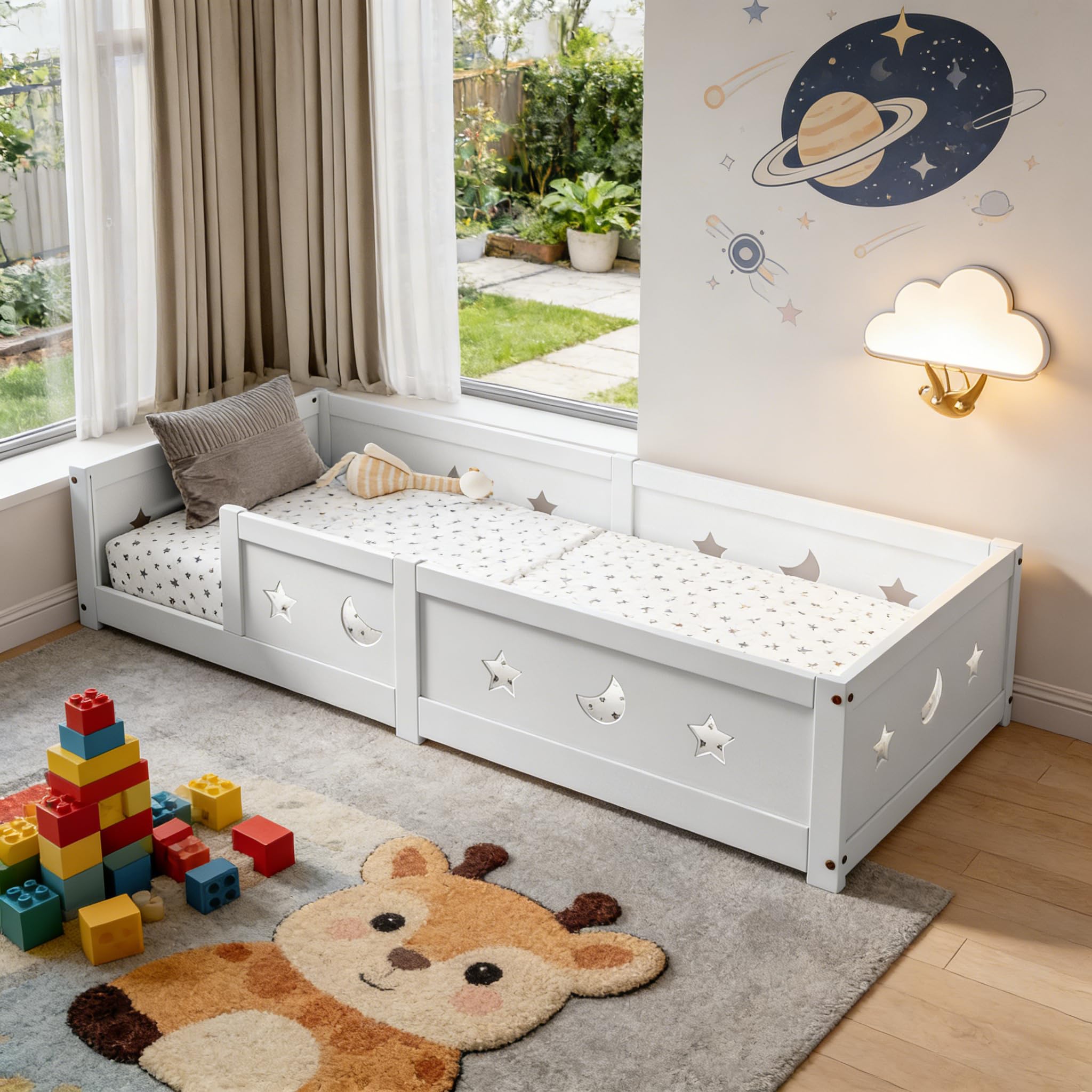 Letto per bambini 90 x 200 cm, letto Montessori con protezione anti-caduta e rete a doghe massiccia, per bambini, in legno di pino (bianco B, 90 x 200 cm)