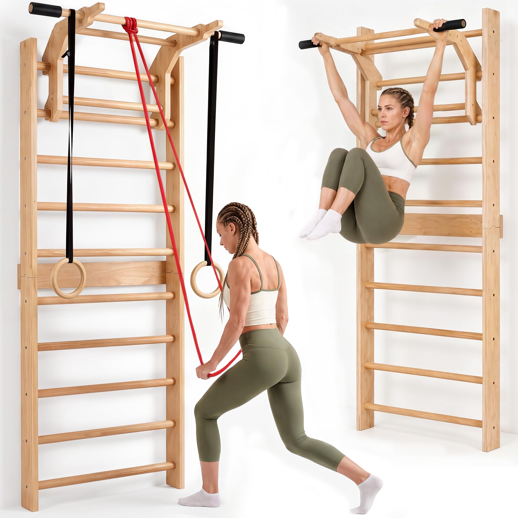 4 IN 1 Sprossenwand mit Klimmzugstange & Dip Extension, 150kg Wandmontage Schwedenleiter mit 4EVA-Griffbezüge & Widerstandsbänder & Gymnastikringe, Holz-Kletterwand Sprossenwand für Erwachsene, Kinder