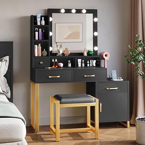 DWVO Makeup Vanity Table with Mirror and Lights, Charging Station, Drawers, and Stool, Adjustable Lighting in 3 Colors, Modern Vanity Desk for Bedroom, Dressing Room, Charcoal Black