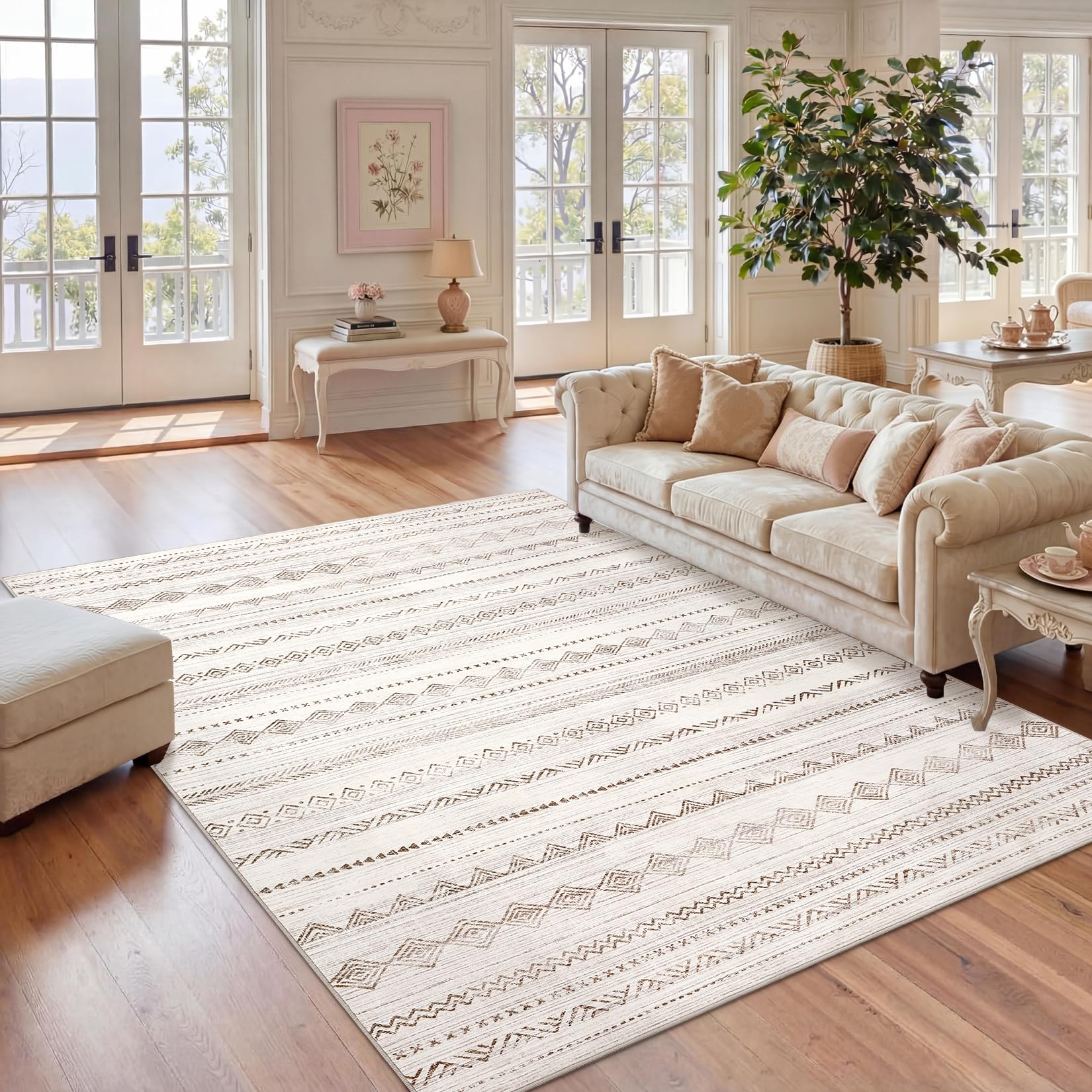 FairyStyle Boho Geometric Striped Camel 120 x 170 cm Washable Area Rug, Faux Wool Low-Pile Non-Slip Carpet with TPR Backing for Bedroom, Living Room, Dining Area and Home Office
