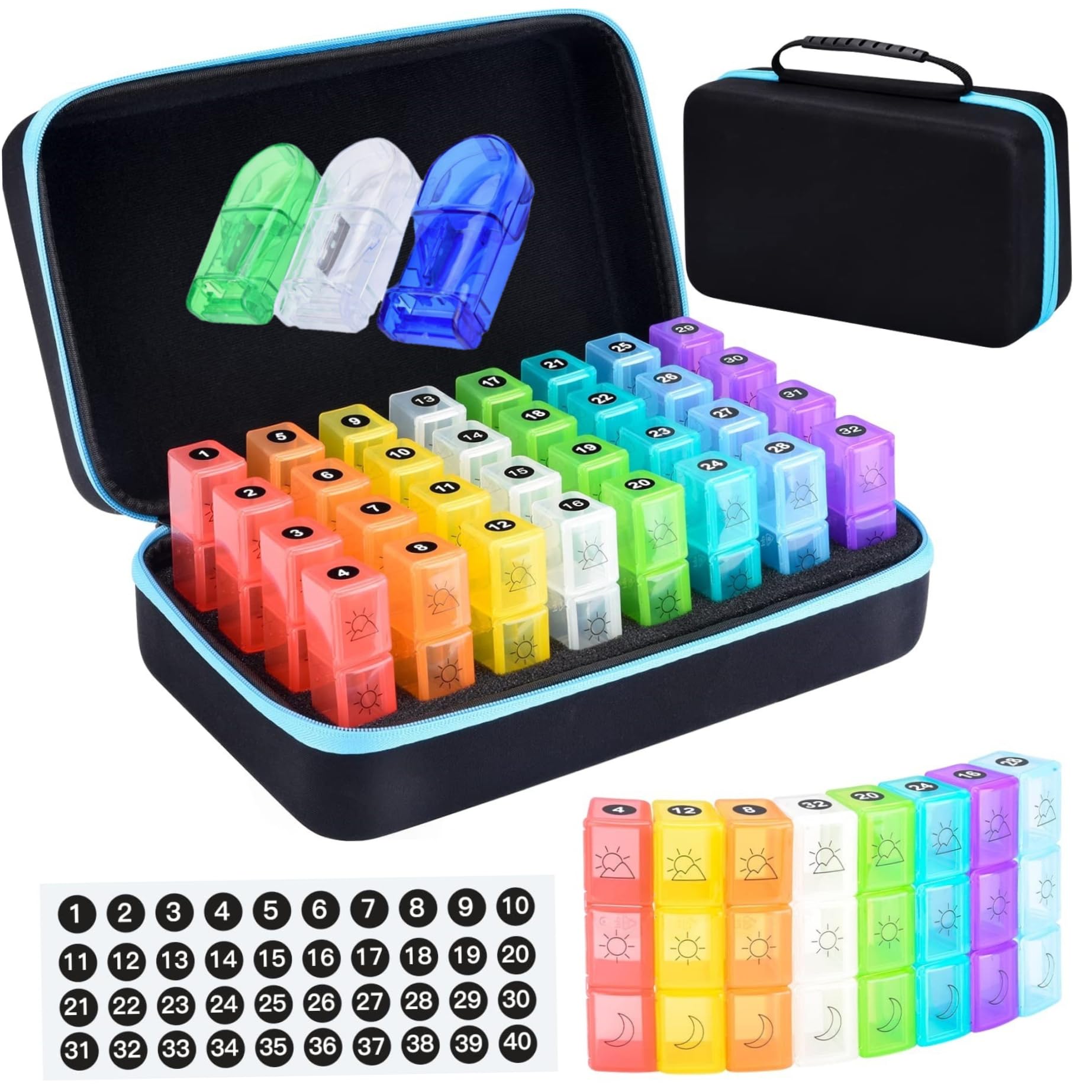 Pastillero mensual Pastillero 3 veces al día, 40 compartimentos Organizador de medicamentos portátil con bolsa de transporte, cortador y etiquetas para viajes de mujeres y hombres