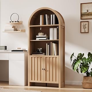 ChooChoo Arched Bookcase with Doors, 3-Tier Farmhouse Bookcase with Adjustable Shelf, Tall Arched Bookshelf for Office, Living Room, Natural