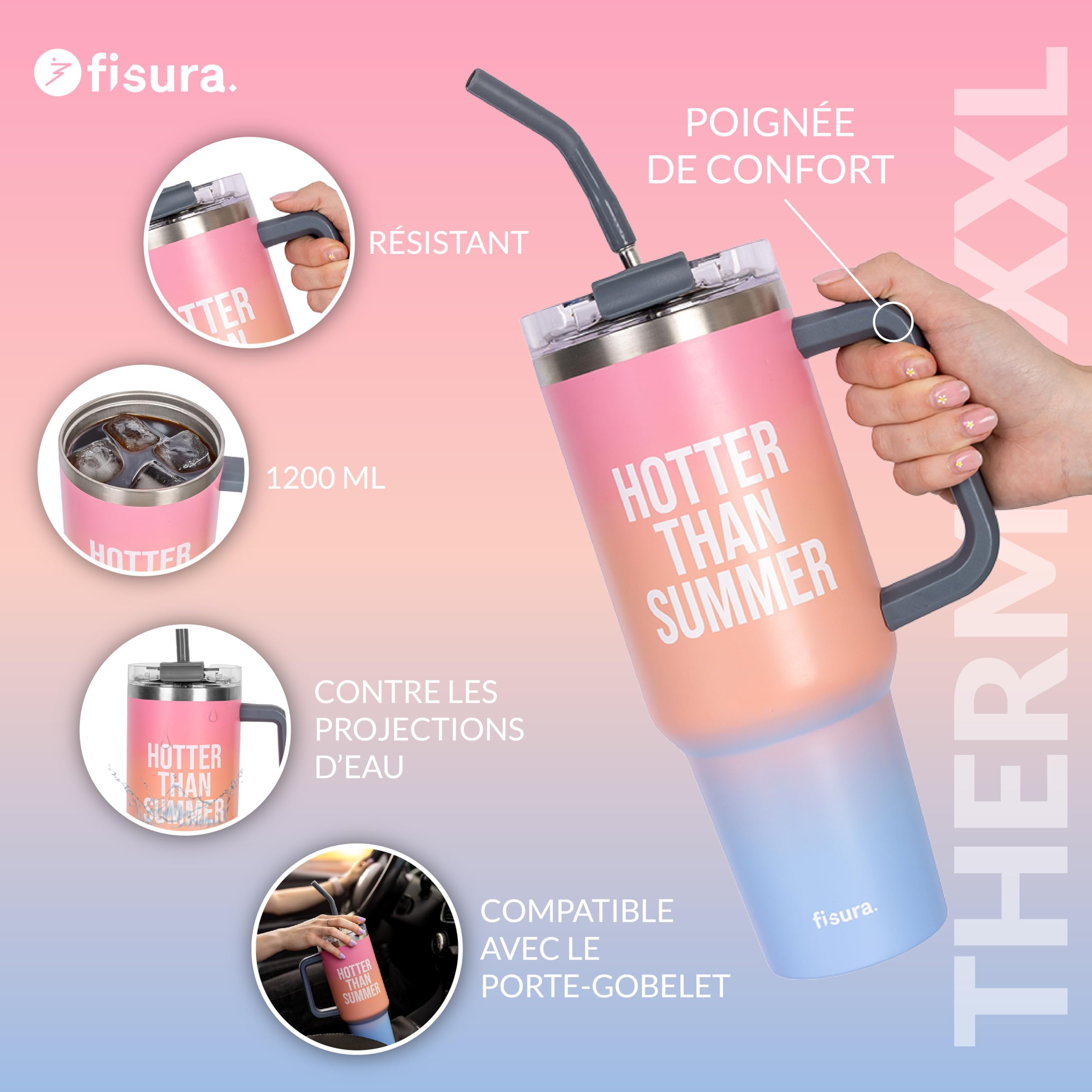 Fisura – Bouteille d’eau isotherme 1,2 L "Hotter Than Last Summer". Gourde thermique rose en acier inoxydable. Sans BPA. Conserve 24h le froid / 12h la chaleur. Avec paille intégrée. 9,8 cm x 27,8 cm.
