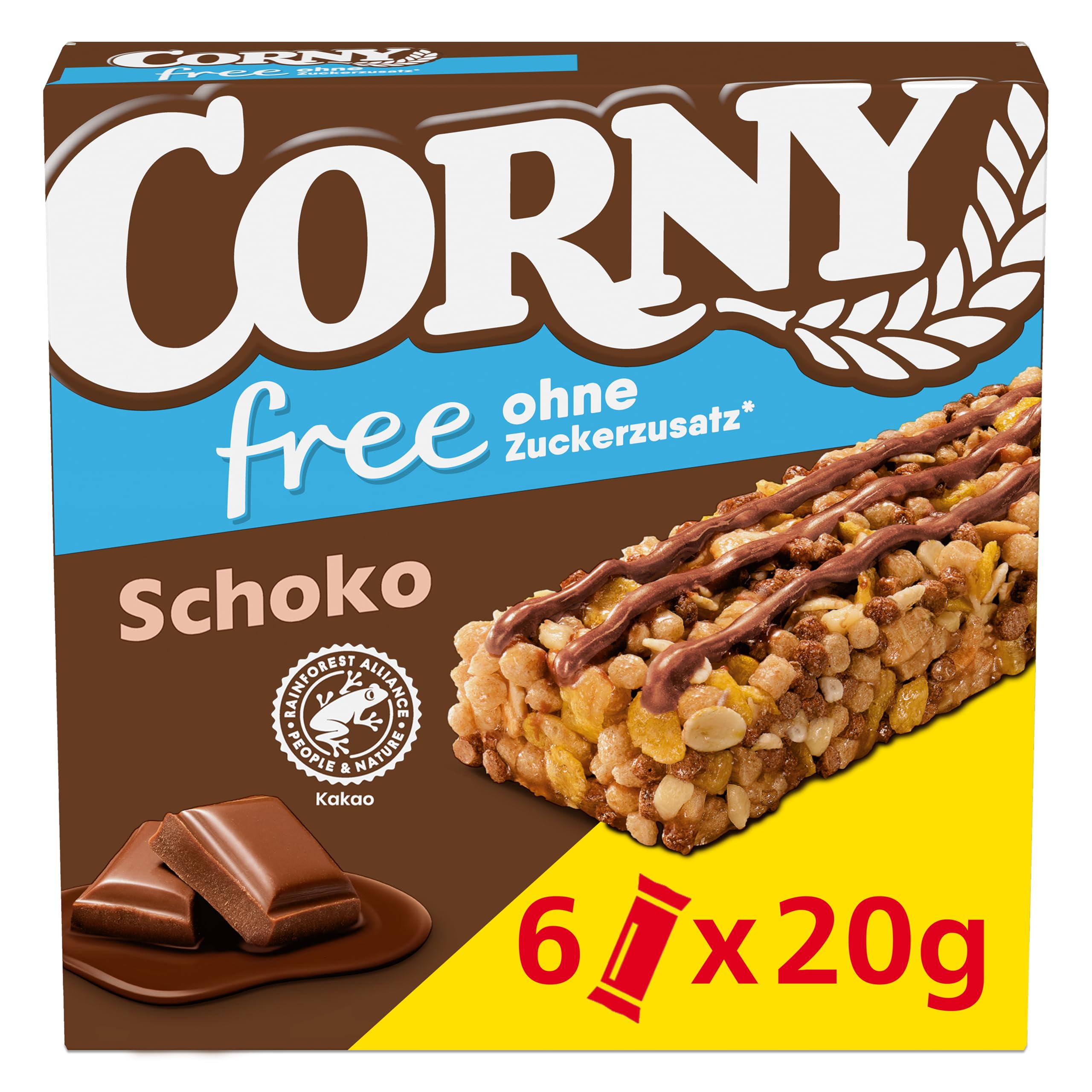 Müsliriegel Corny free Schoko | Riegel mit zarter Vollmilchschokolade | Snack ohne Zuckerzusatz | 68 kcal pro Riegel | 6x20g