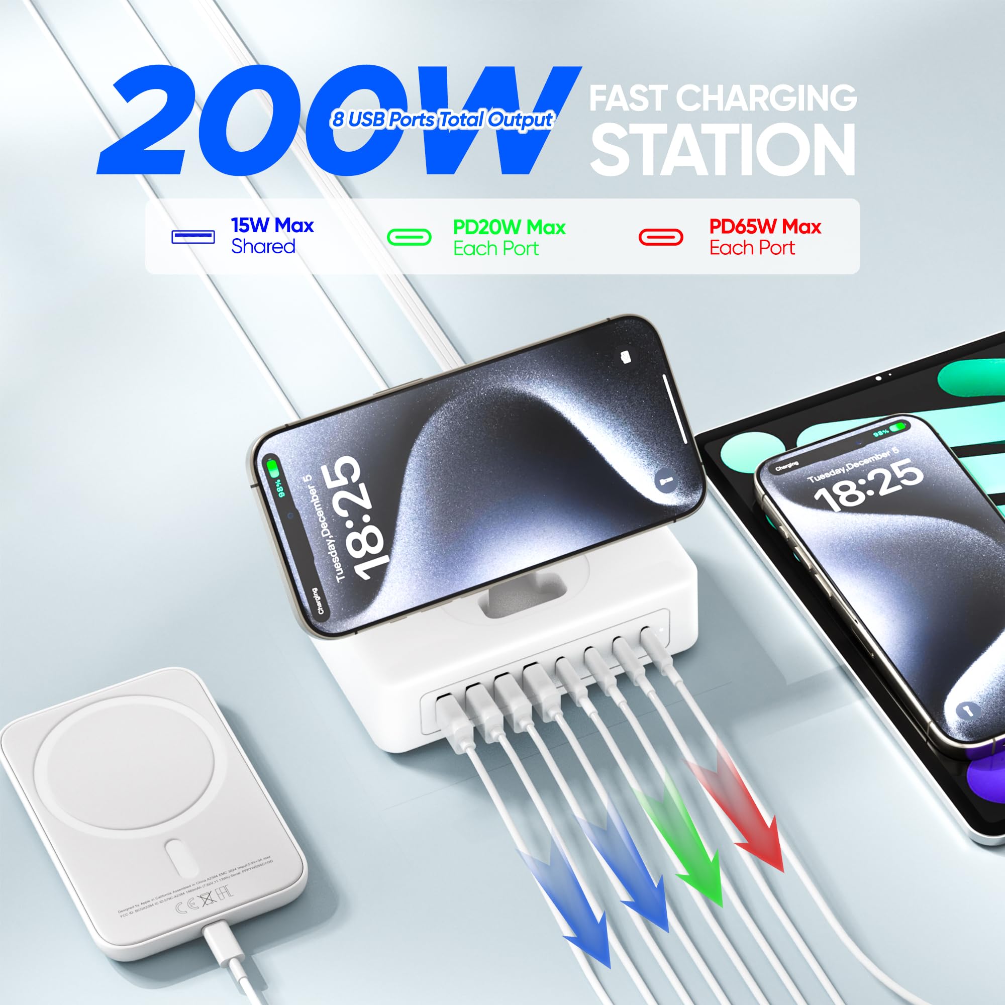 200W USB Ladestation, 11 in 1 USB C Überspannungsschutz, Steckdosenleiste, 2 AC-Ausgänge und 8 USB-Anschlüsse, 5 Fuß Flachstecker-Verlängerungskabel mit mehreren
