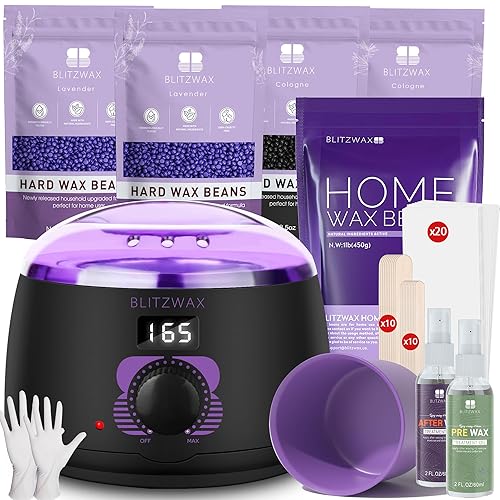 BLITZWAX Kit de depilación digital para depilación, máquina de cera negra para mujeres y hombres, kit de cera dura con cuentas de cera de lavanda de