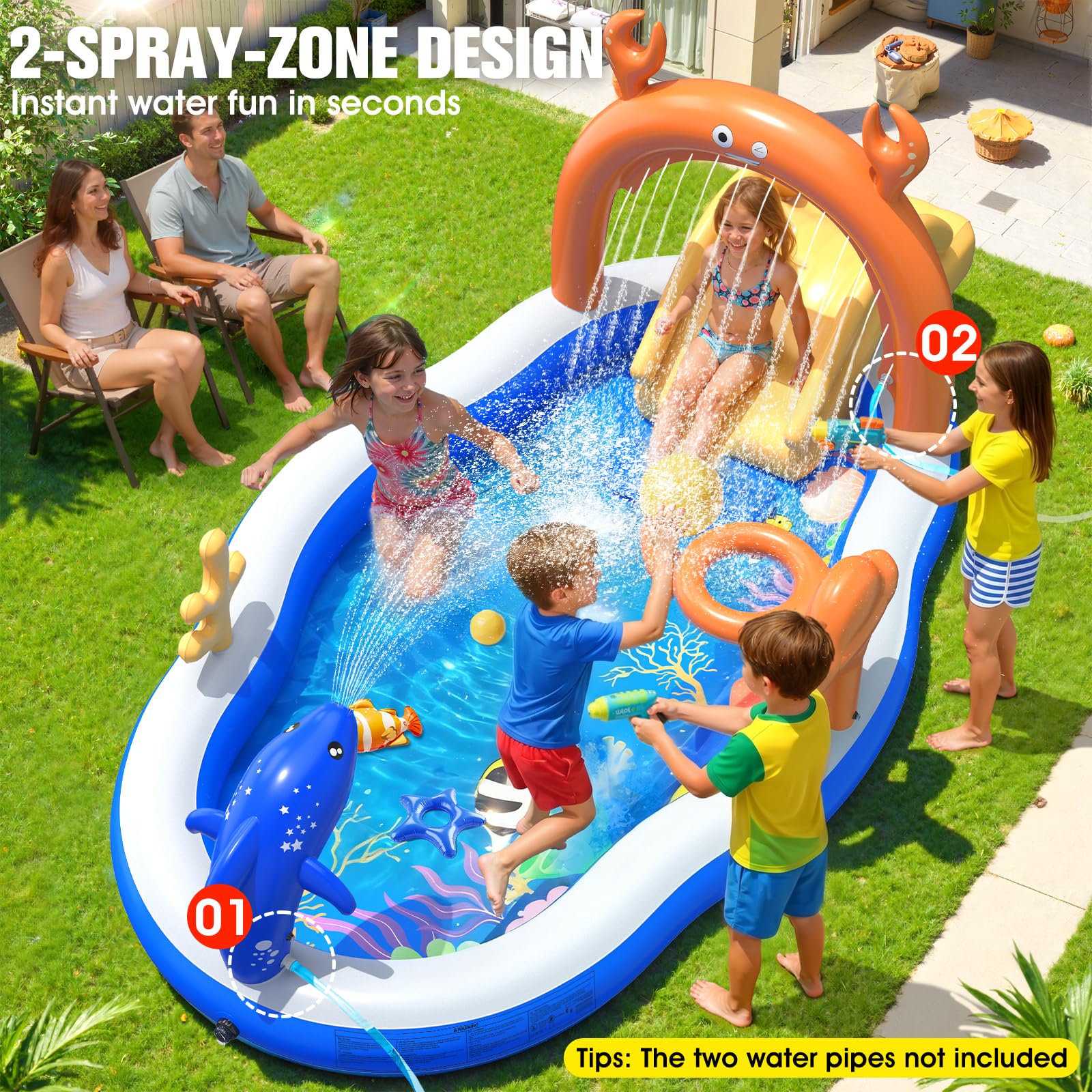 KingSom Aire de Jeu Aquatique Gonflable, Piscine Gonflable Enfant avec Toboggan, Arroseur, Pataugeoire Gonflable Épaiss Jet d'eau, Jeux Exterieur Piscine Gonflable Familiale pour Jardin,305x178x127 cm