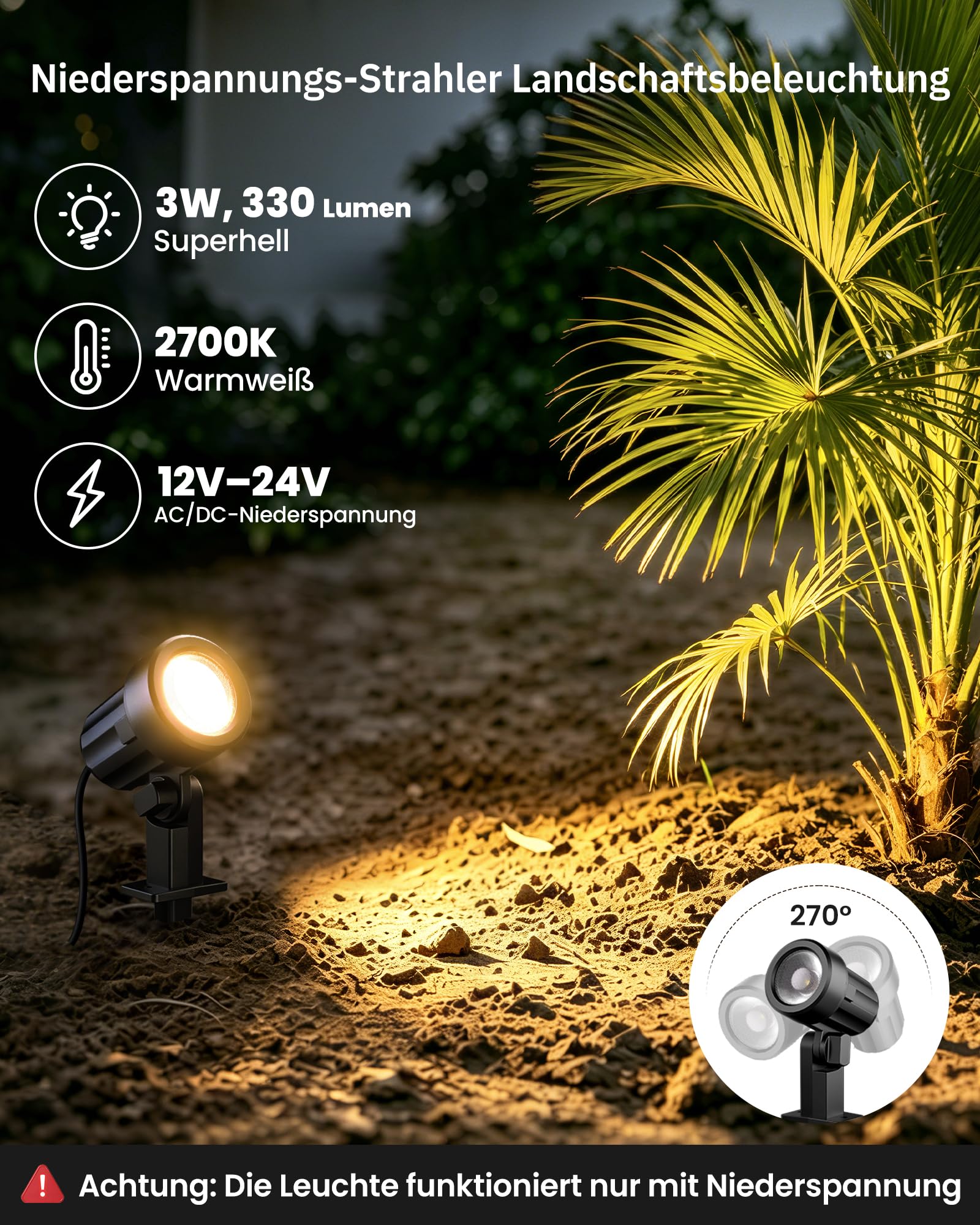 MEIKEE Gartenbeleuchtung Warmweiß 3 W 330 LM 12 V–24 V LED-Strahler 8 Stück | Gartenstrahler mit Transformator, Anschlüssen, 20 m Kabel, EU-Stecker, wasserdicht nach IP66 für Gartenwege, Innenhöfe, Bäume