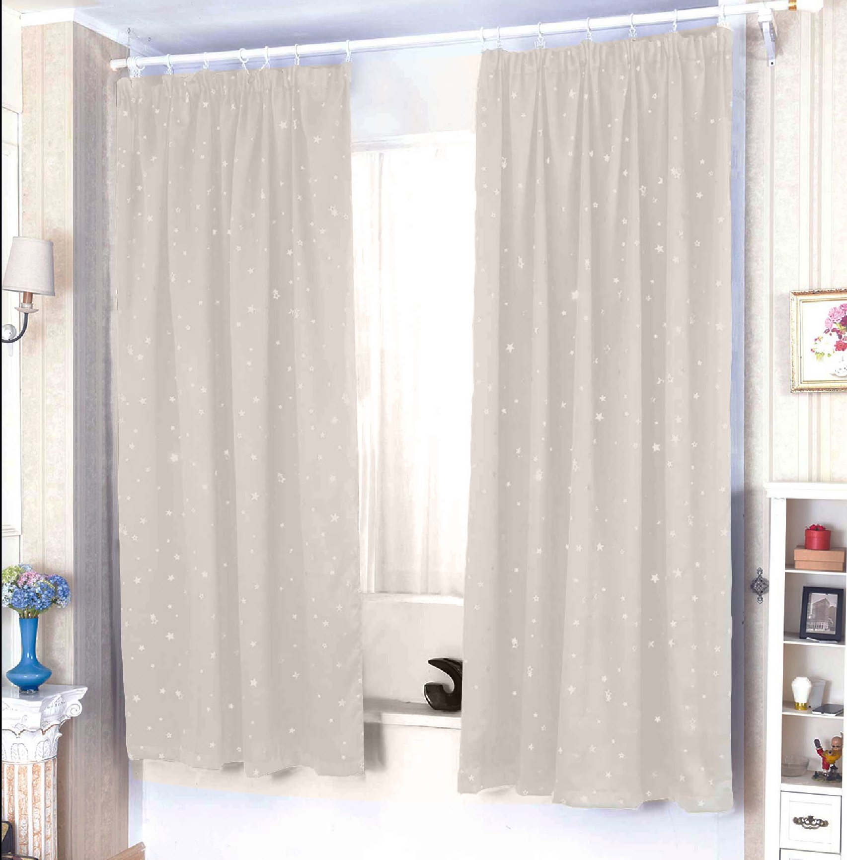 HomeHarmony Star Metalic Pencil Pleat/Tape Top Thermal Semi Blackout Curtains (66"x54" (168cm x 137cm), Beige)