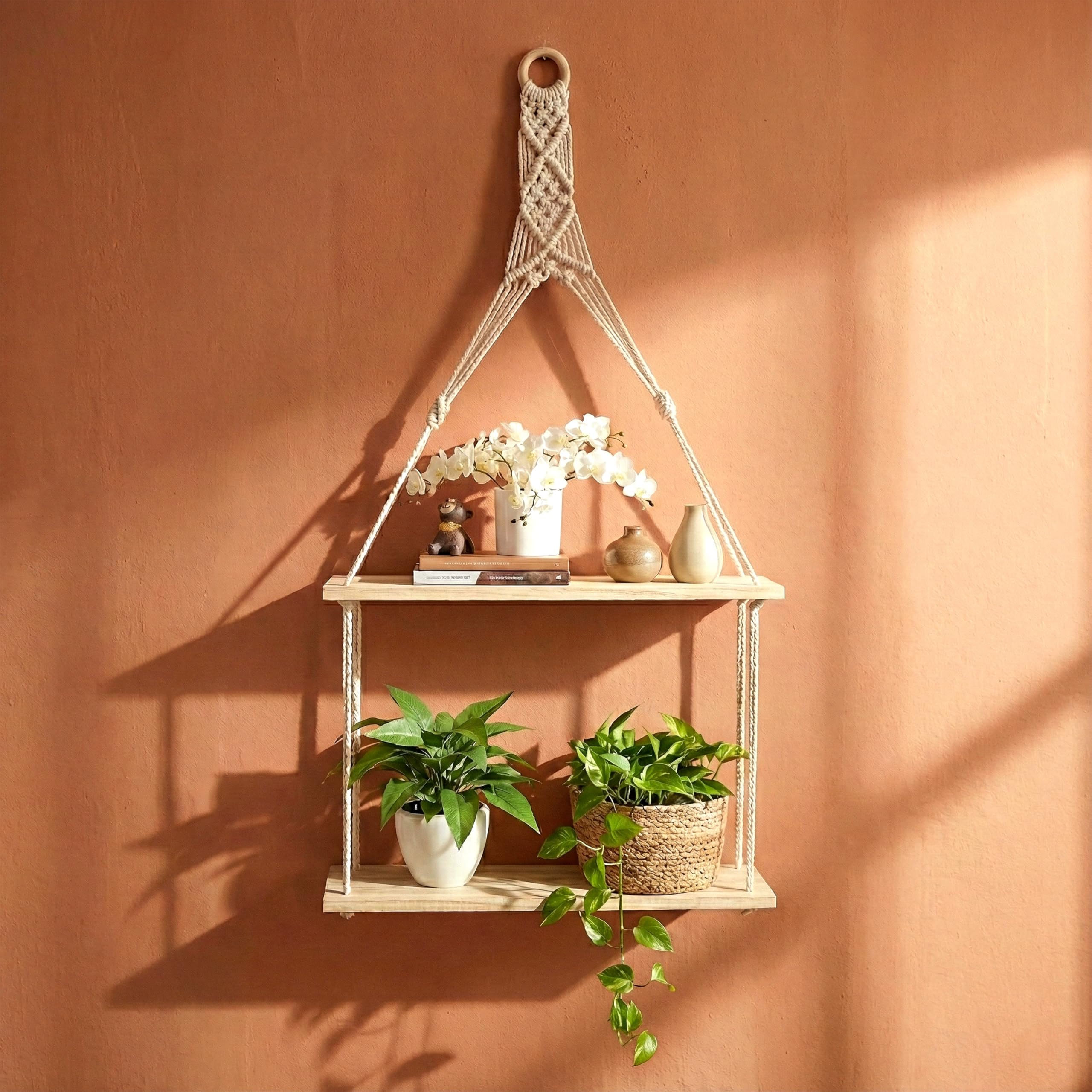 GEEZY 2 Tier Macrame Hanging Shelf - Wooden Rope Floating Shelves for Boho Wall Decor, Rustic Plant Holder & Storage Organiser - Bedroom, Living Room, Bathroom, Kitchen Aesthetic, 72x30x10cm