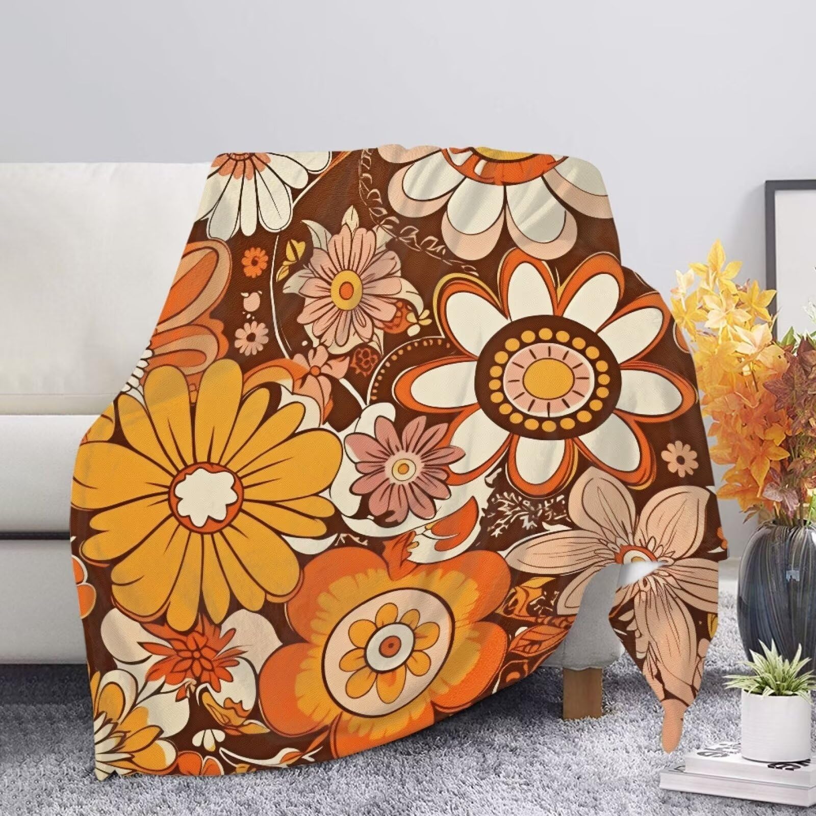 Allcute Print Throw Blanket for Couch Sofa Flower Hippie Blanket for Women Soft Warm Lightweight Outdoor Travel Sofa Throws Orange Fall Blanket Home Decor