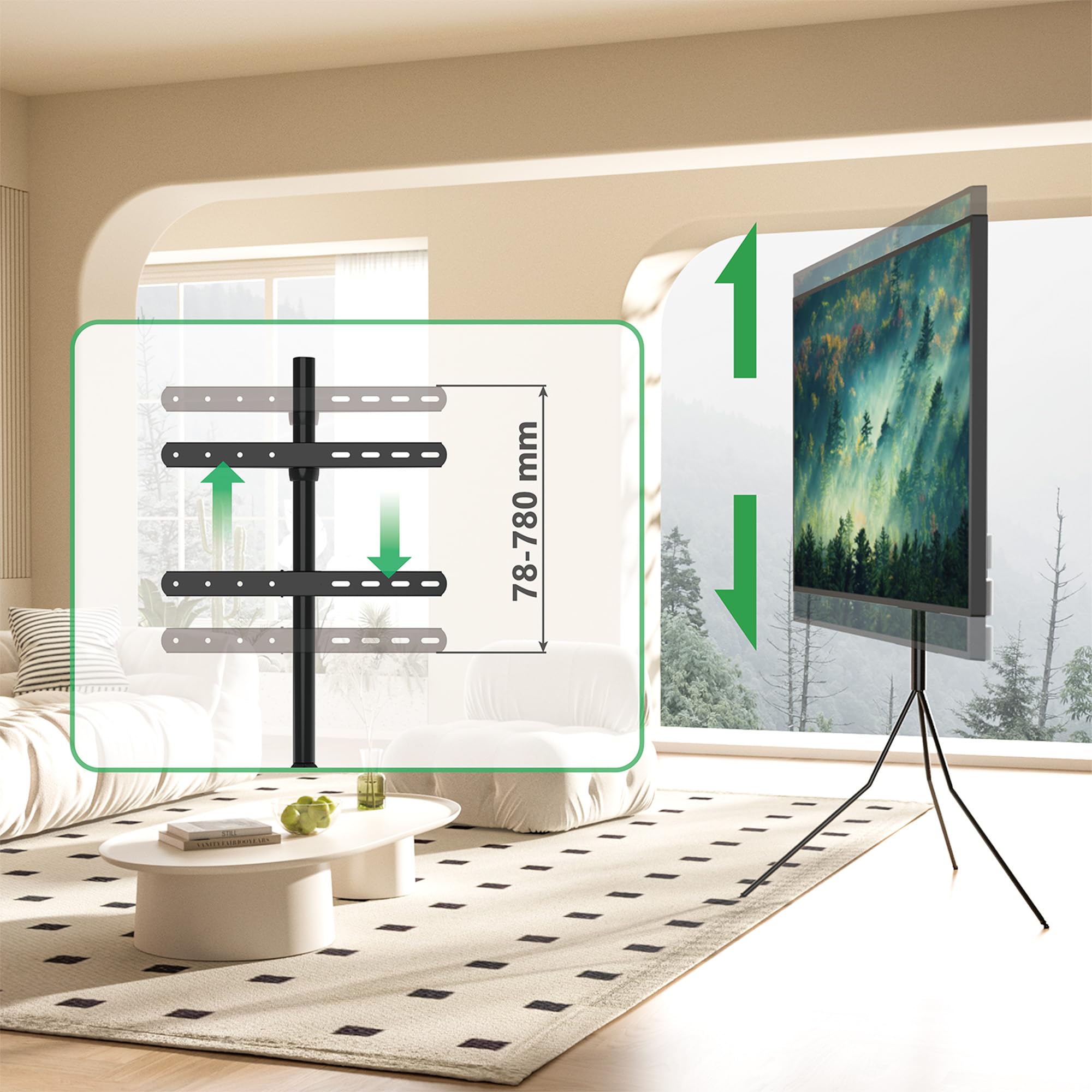 Tripod 400 TV Ständer Bodenständer Schwarz für 32–55 Zoll – Fernseher Ständer mit 360° Rotation, VESA bis 400x400 mm, 30 kg Traglast, mobiler TV Halterung & Ständer