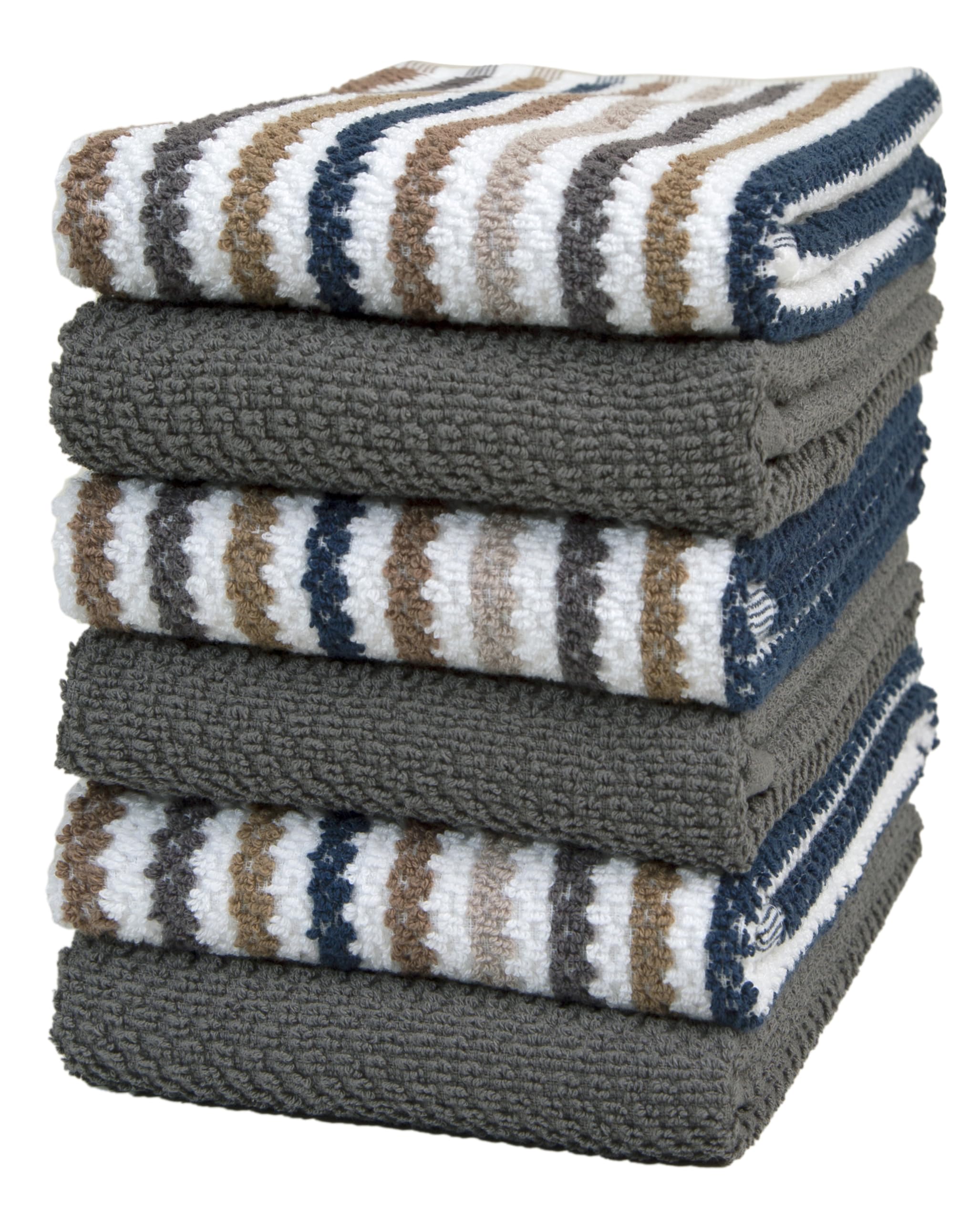Premium Kitchen Towels (16”x 26”, 6 Pack) | Large Cotton Kitchen Hand Towels | Popcorn Striped Design | Dish Towels | 430 GSM Highly Absorbent Tea Towels Set with Hanging Loop | Gray