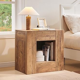 OKD Modern Nightstand with Charging Station, 24" Large Bedside Table, Rustic End Table with Drawers & Open Shelf for Bedroom/Living Room, Night Stand Wood Thick Design,Gold Rustic Brown