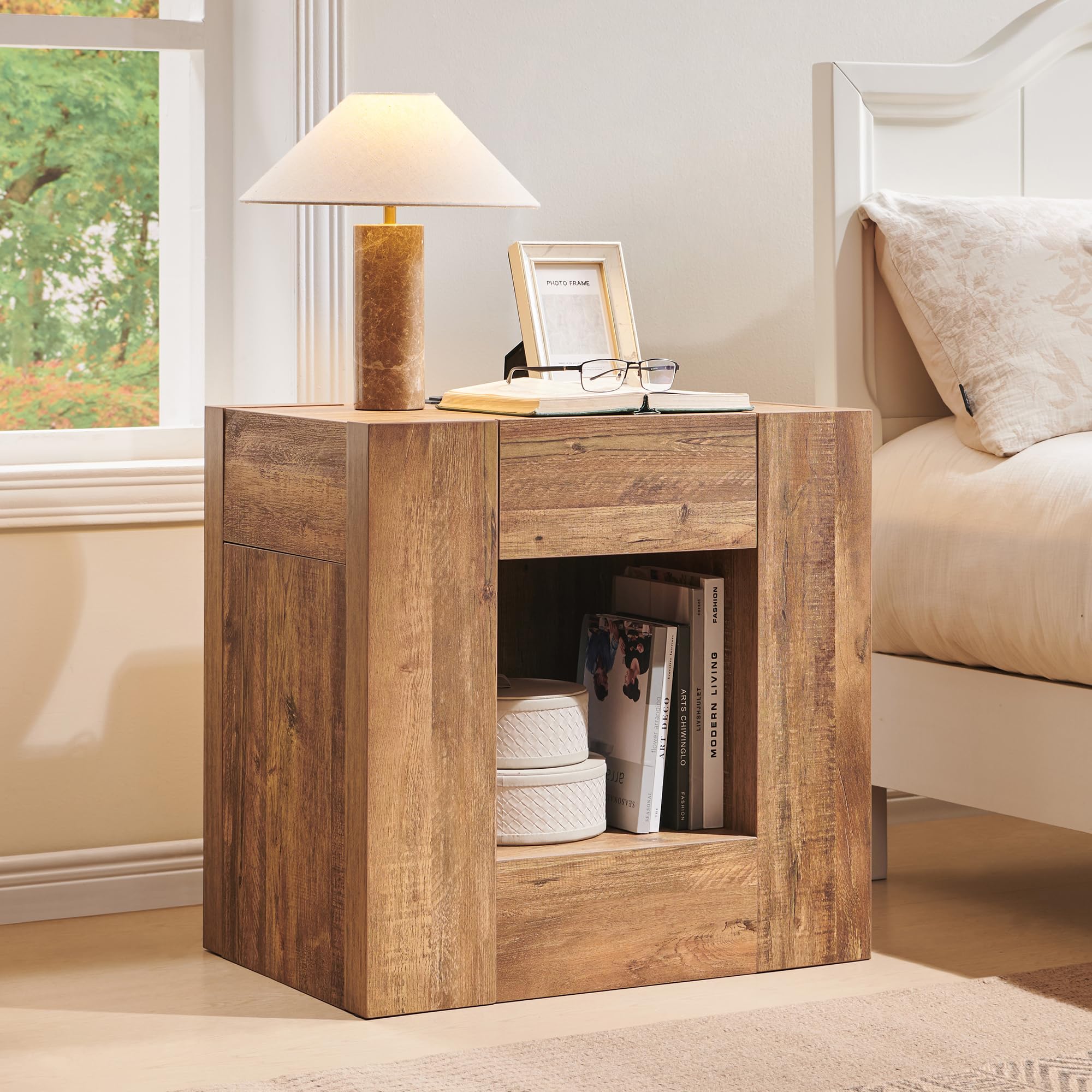 OKD Modern Nightstand with Charging Station, 24" Large Bedside Table, Rustic End Table with Drawers & Open Shelf for Bedroom/Living Room, Night Stand Wood Thick Design,Gold Rustic Brown