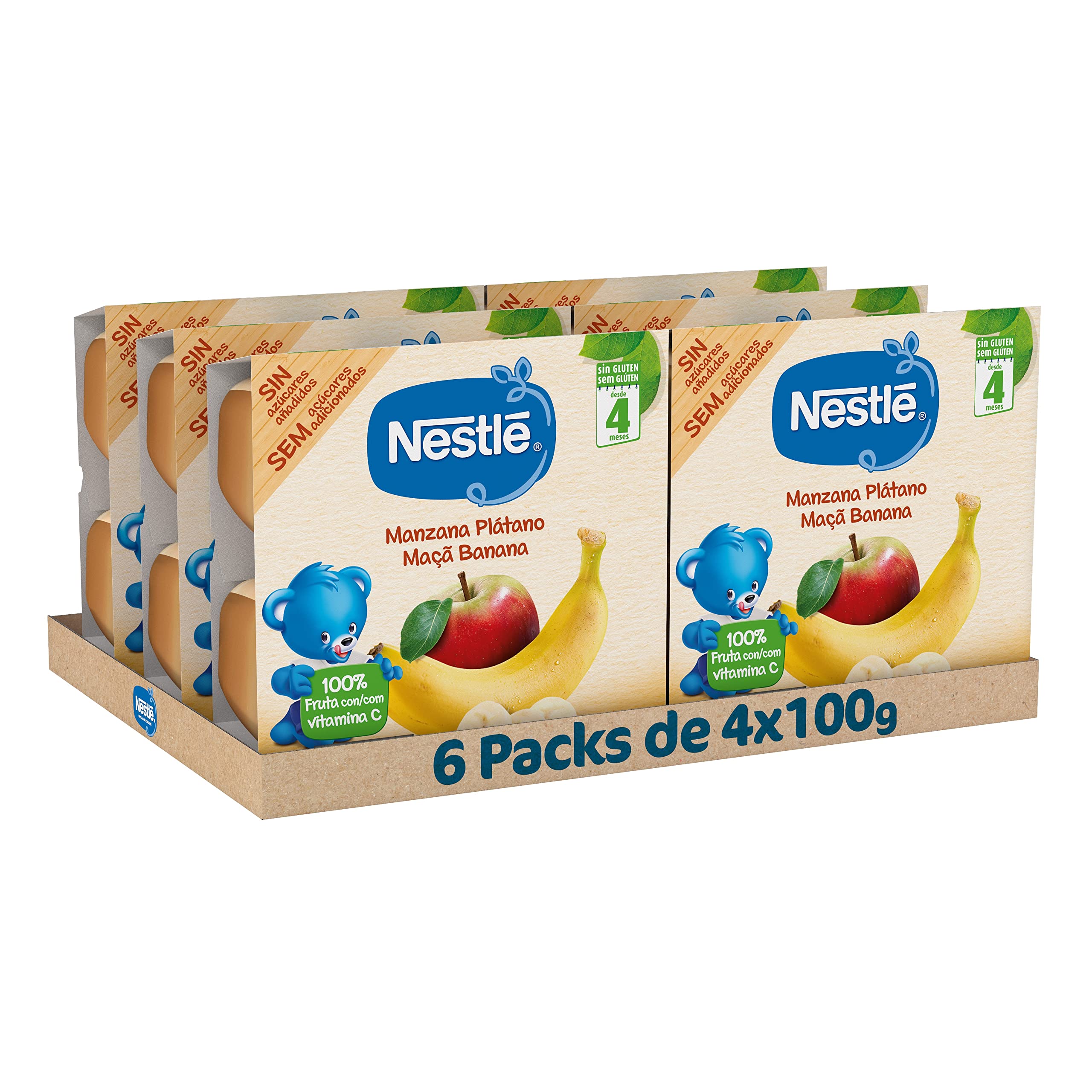 NESTLE Puré Manzana Plátano, desde 4 meses, Pack de 6 (4x100g)