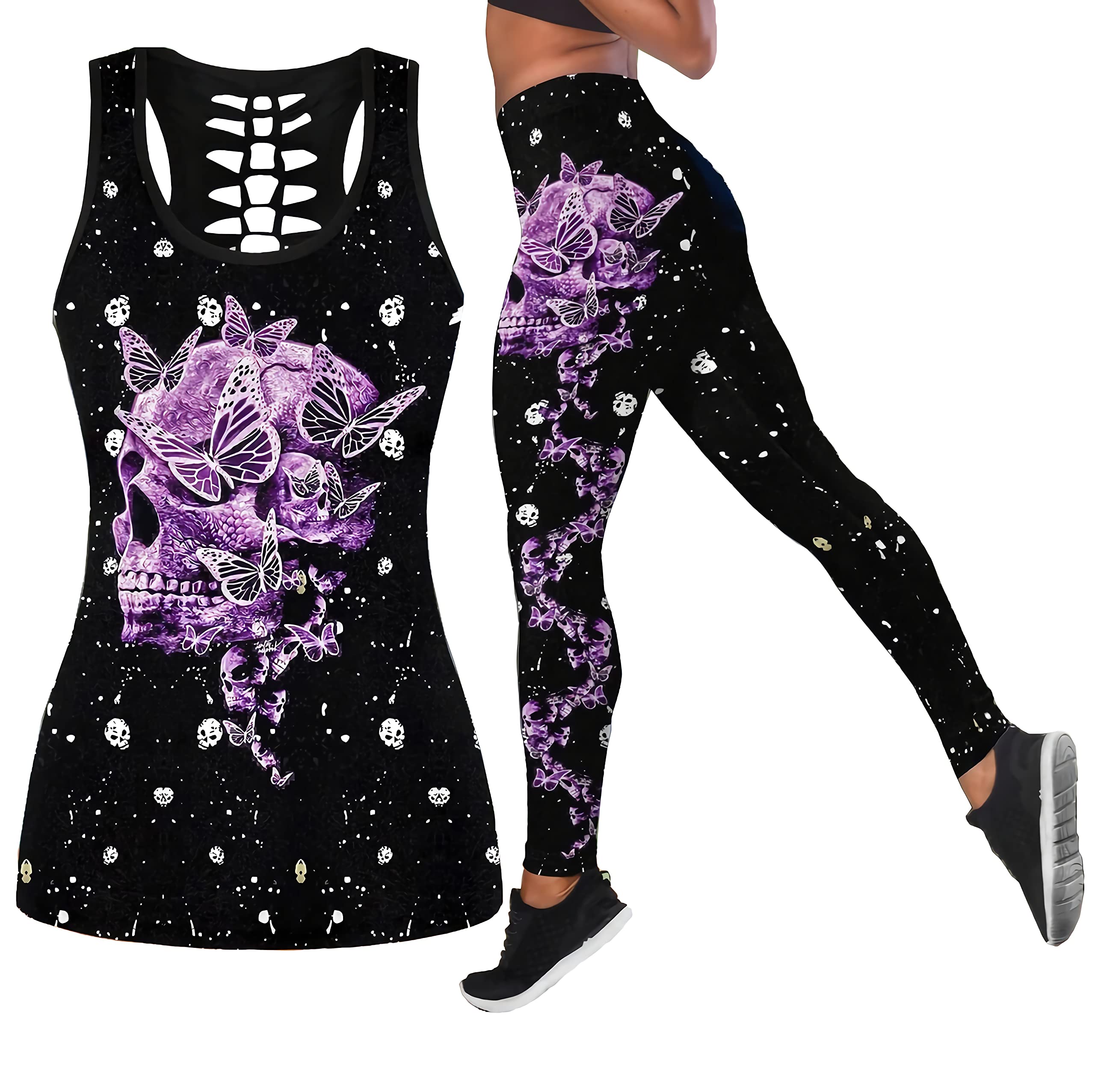 DRZHEAM Damen Zucker Schädel Yoga Outfits für Frauen 2 Stück Sets, Weihnachten Tank Tops Leggings Training Activewear für Mädchen