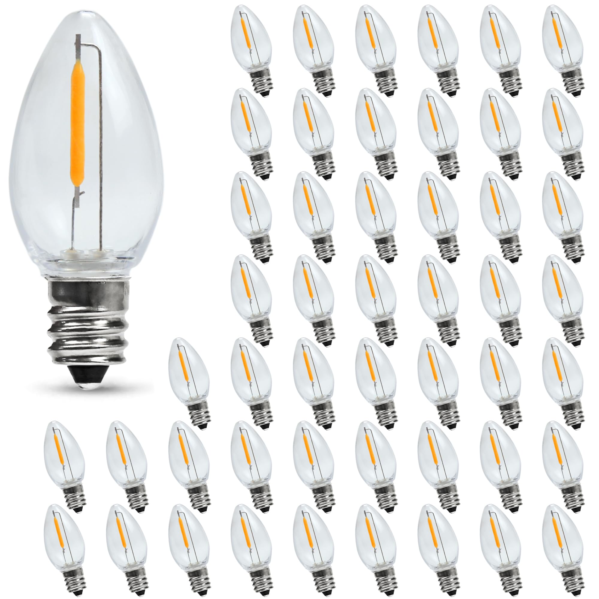 Austin Coast 50PACK LED Night Light Bulbs, C7 Candelabra LED Light Bulbs, E12 Chandelier Base, 0.6W Equivalent to 7W, Warm White 2200K,50LM Dimmable,Shatterproof & Waterproof Clear ‎Plastic