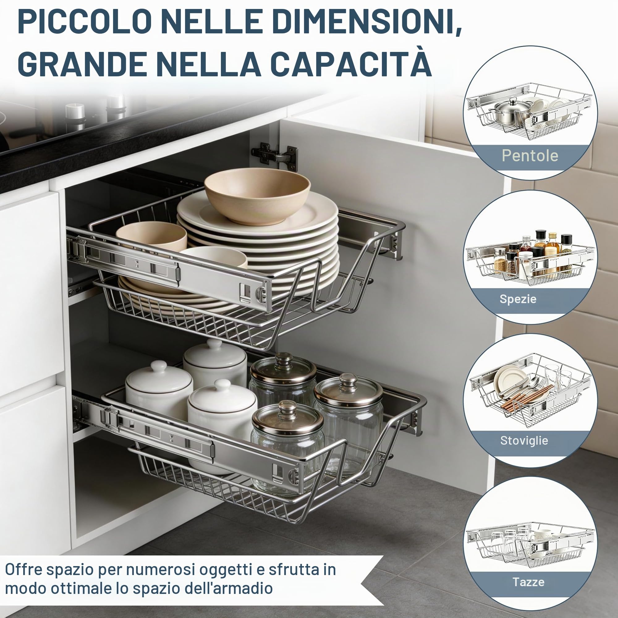 NAIZY 2x Cestello Estraibile 60 cm Cassetto Estraibile Cucina Organizer da cucina Argento in solido acciaio inossidabile Organizer cassetti (larghezza effettiva 57 cm, 2 pezzi)