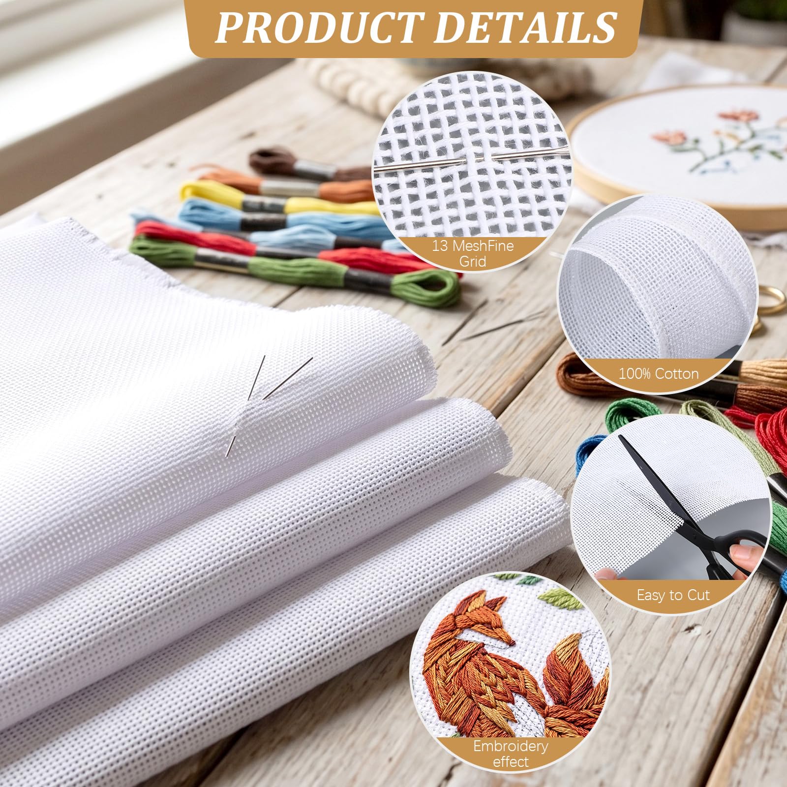 Zeyune Confezione da 4 kit di tela da ricamo con 13 maglie da 91 x 106 cm, grande tela da ricamo in cotone con 36 fili e 5 aghi, kit per principianti per lavori fai da te, decorazioni per la casa