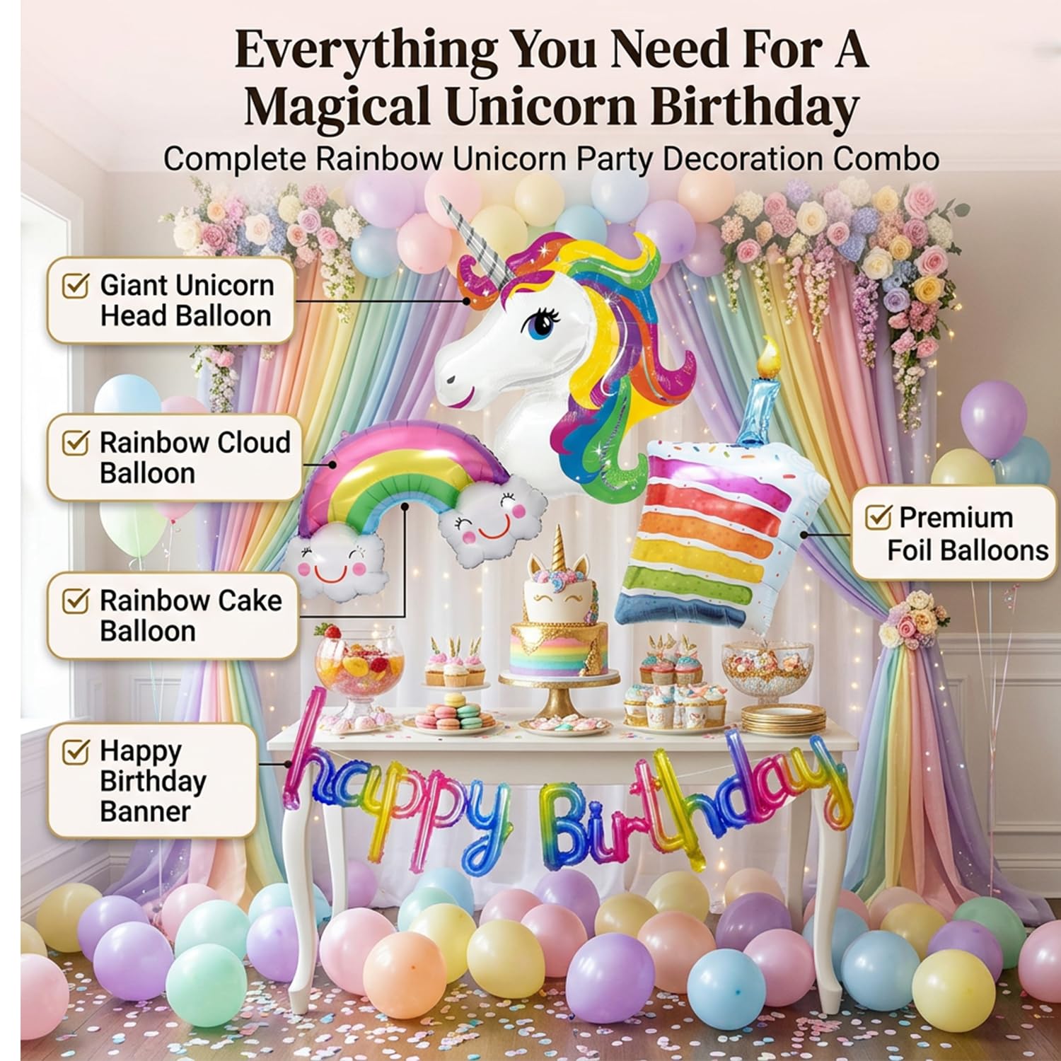 Atpata Funky Unicorn Theme Birthday Party Balloons, Decorations and Party Supplies (Rainbow Unicorn HBD) 1