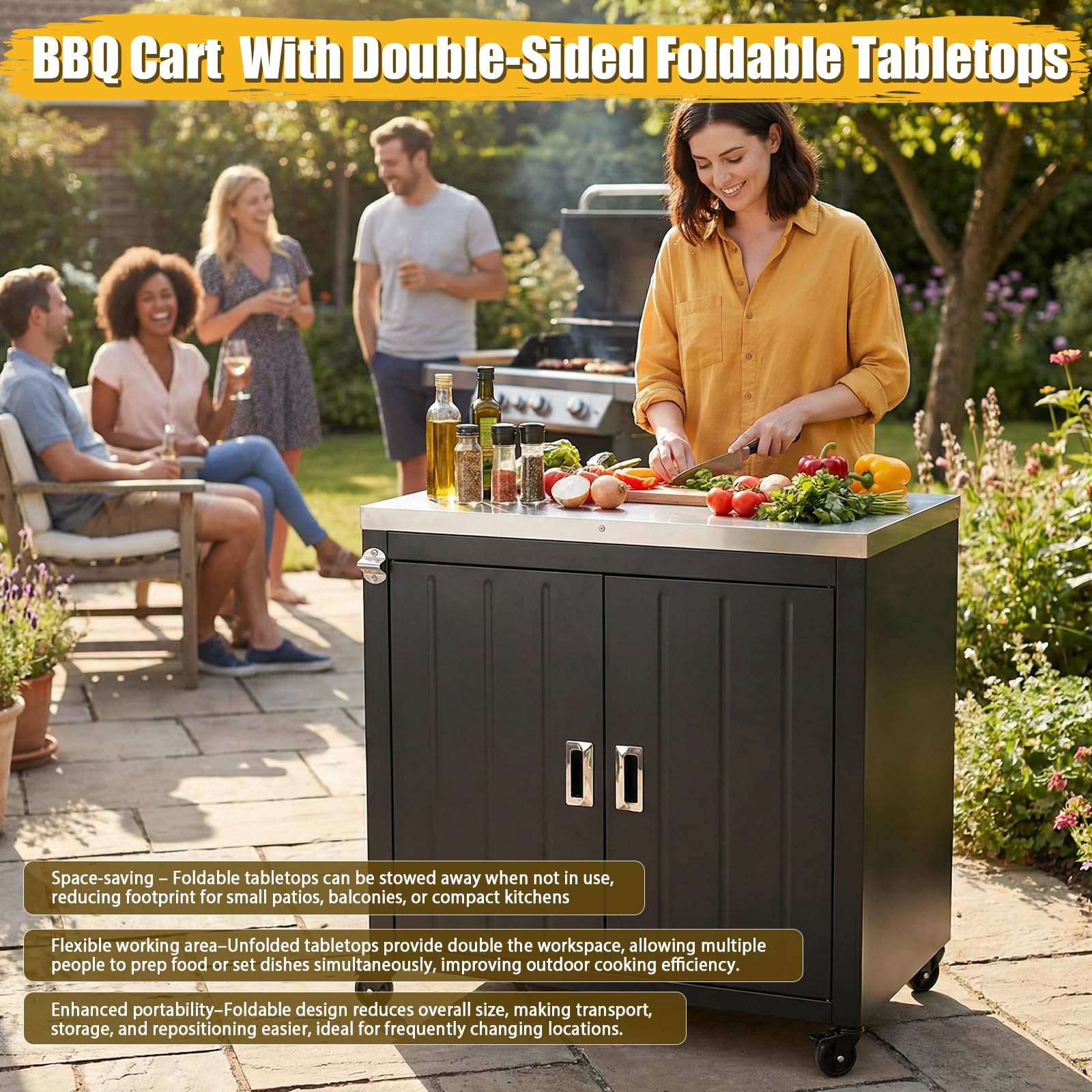 GFTIME Carrello da cucina per esterni, 89,9 x 65 x 91,9 cm, con piano di lavoro in acciaio inox, 2 ripiani laterali pieghevoli, 2 ante e ruote, carrello da portata mobile per barbecue, giardino