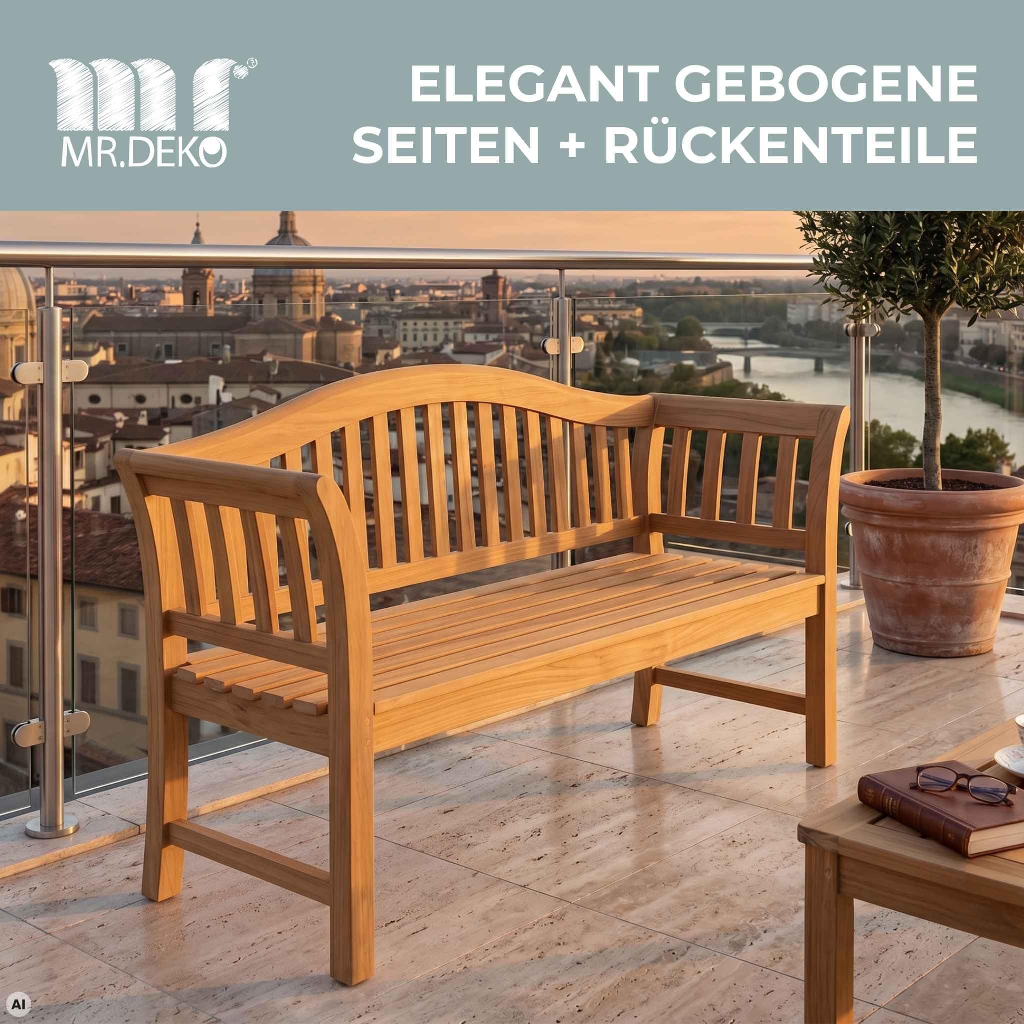 MR. DEKO Gartenbank Holz Wave Holzbank wetterfest Bank Outdoor 128x53x85cm | Sitzbank Teakholz Balkon